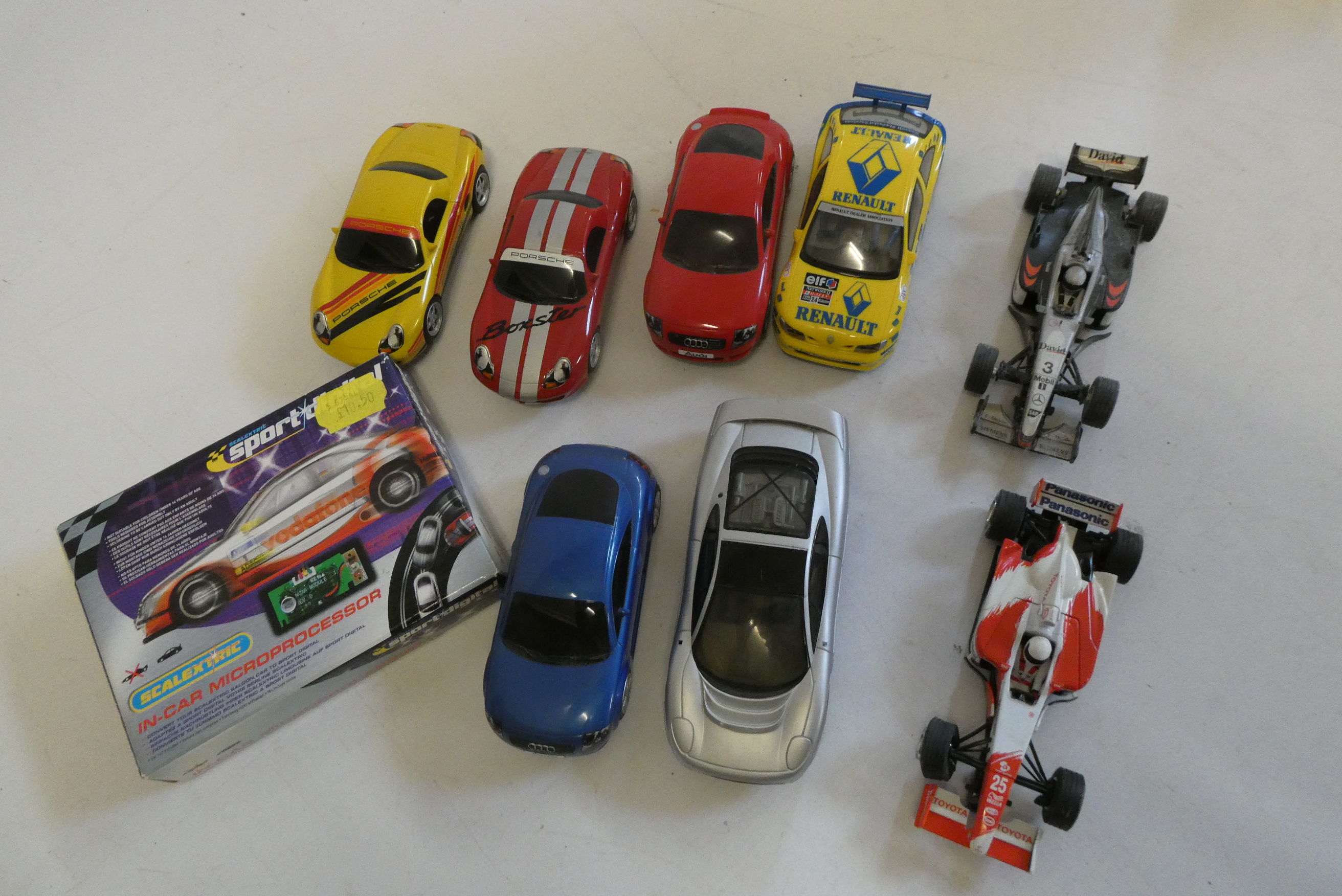 Unboxed Scalextric cars including Audi Renault and F1 cars, fair to good and an in car Image