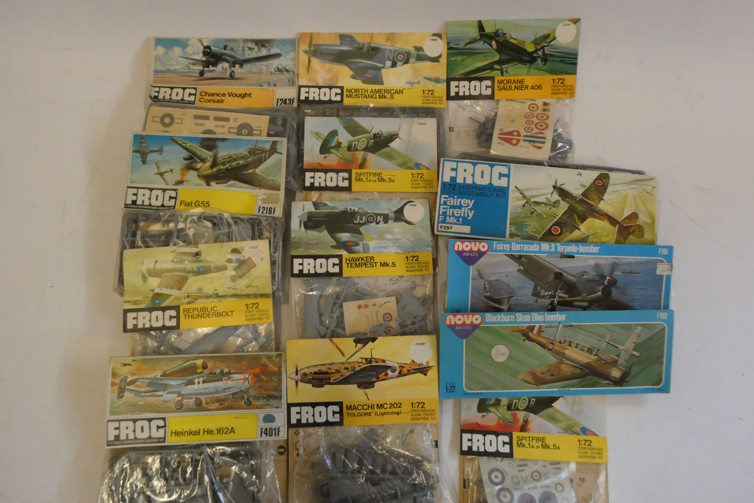 Thirteen frog aircraft kits in header bags including Spitfires, Hawker Tempest, North American Image