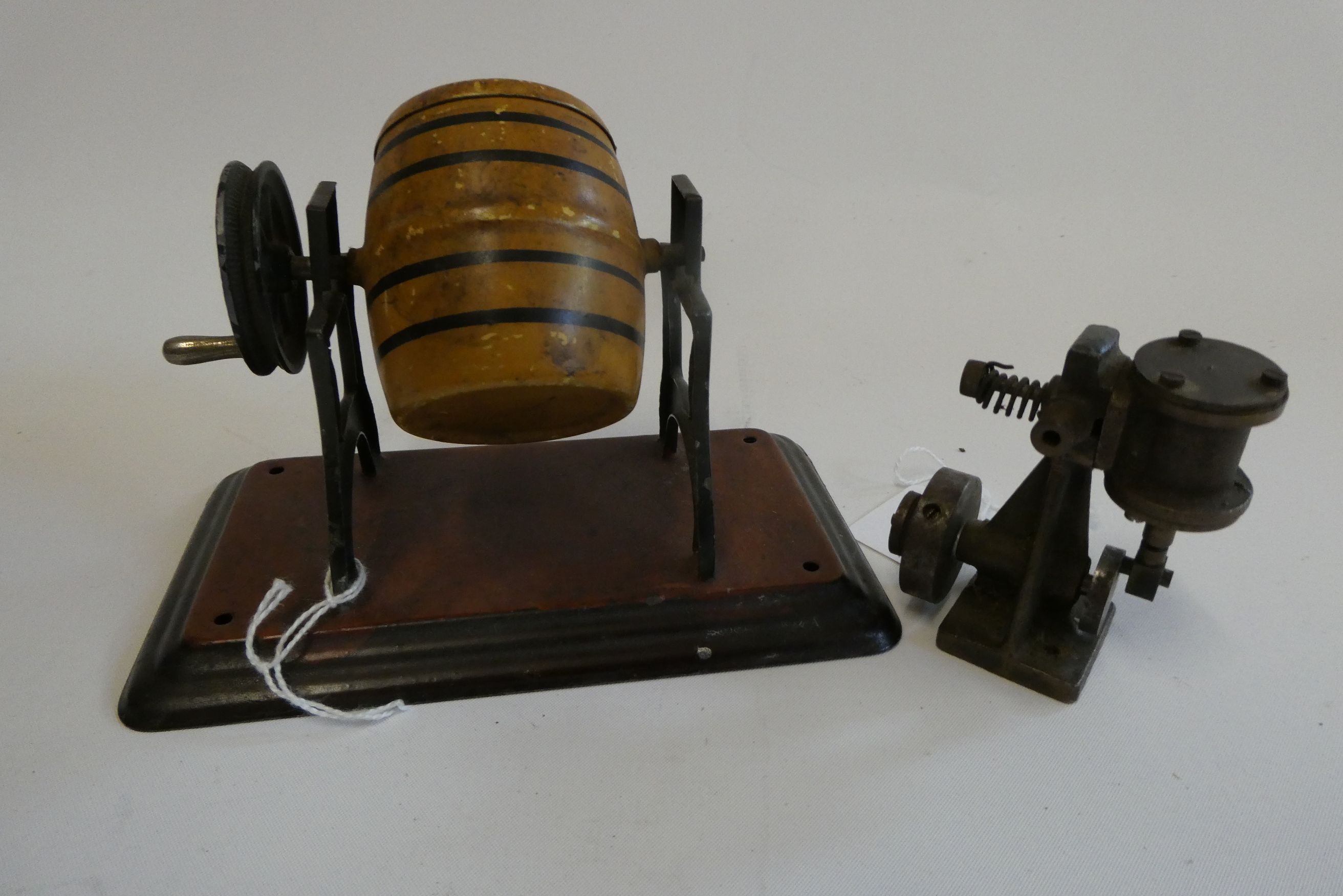 Small single cylinder oscillating engine of brass construction and a tinplate Marklin butter churn, Image