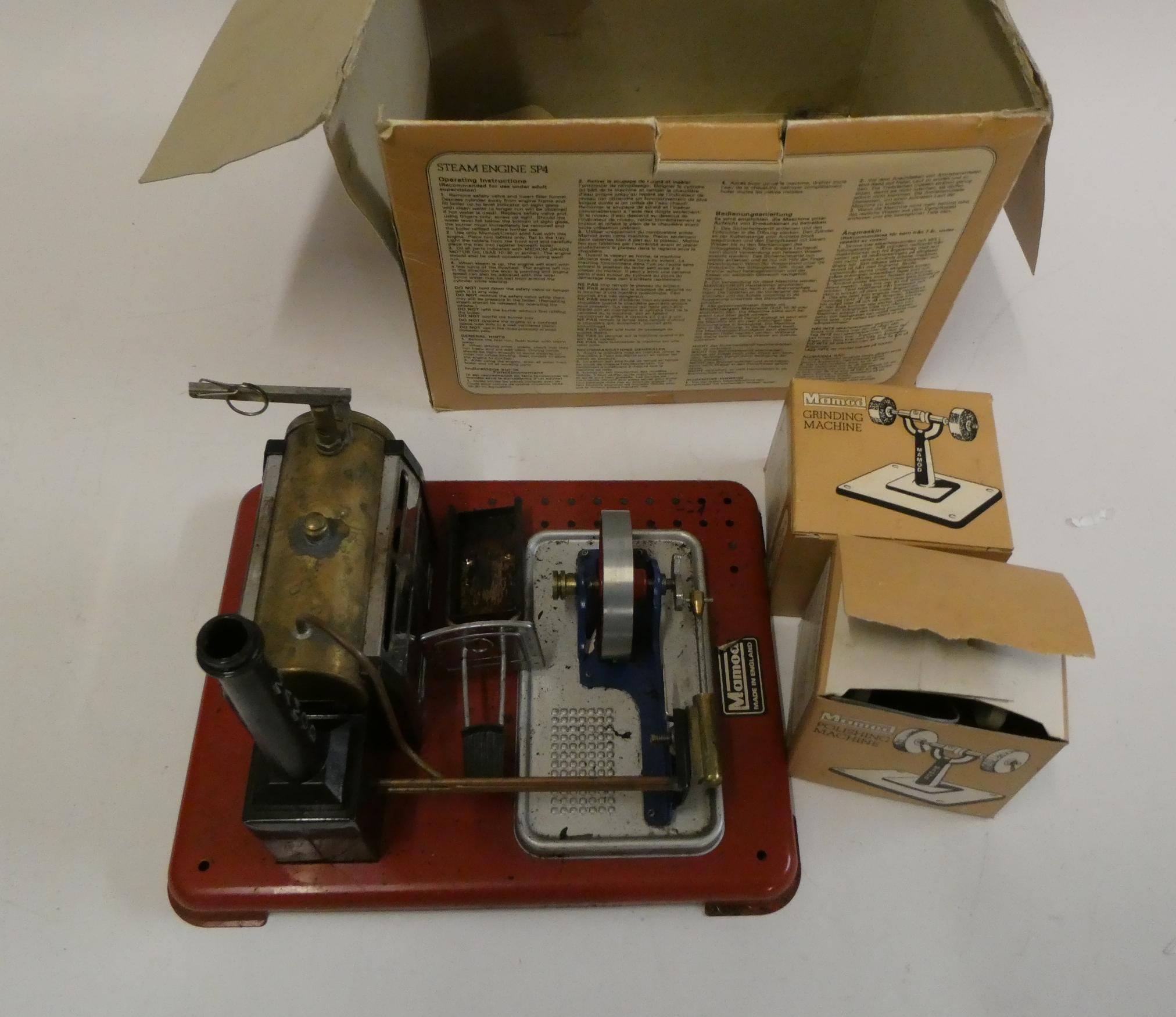 Mamod SP4 steam engine with two grinding machines, box poor, model well used, fair Image