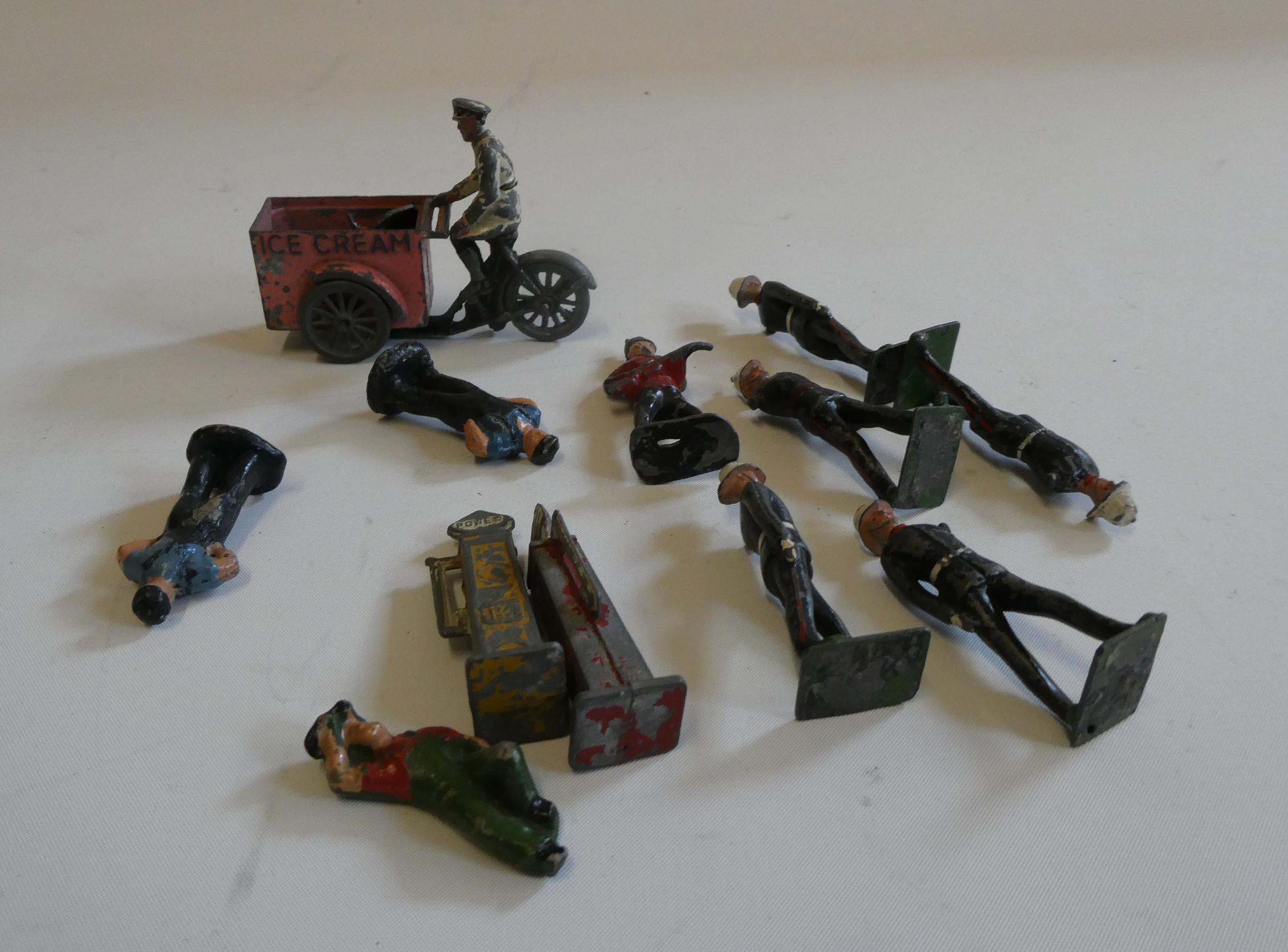 Unboxed lead figures including Morestone Ice Cream seller on bike, and petrol pumps, fair Image
