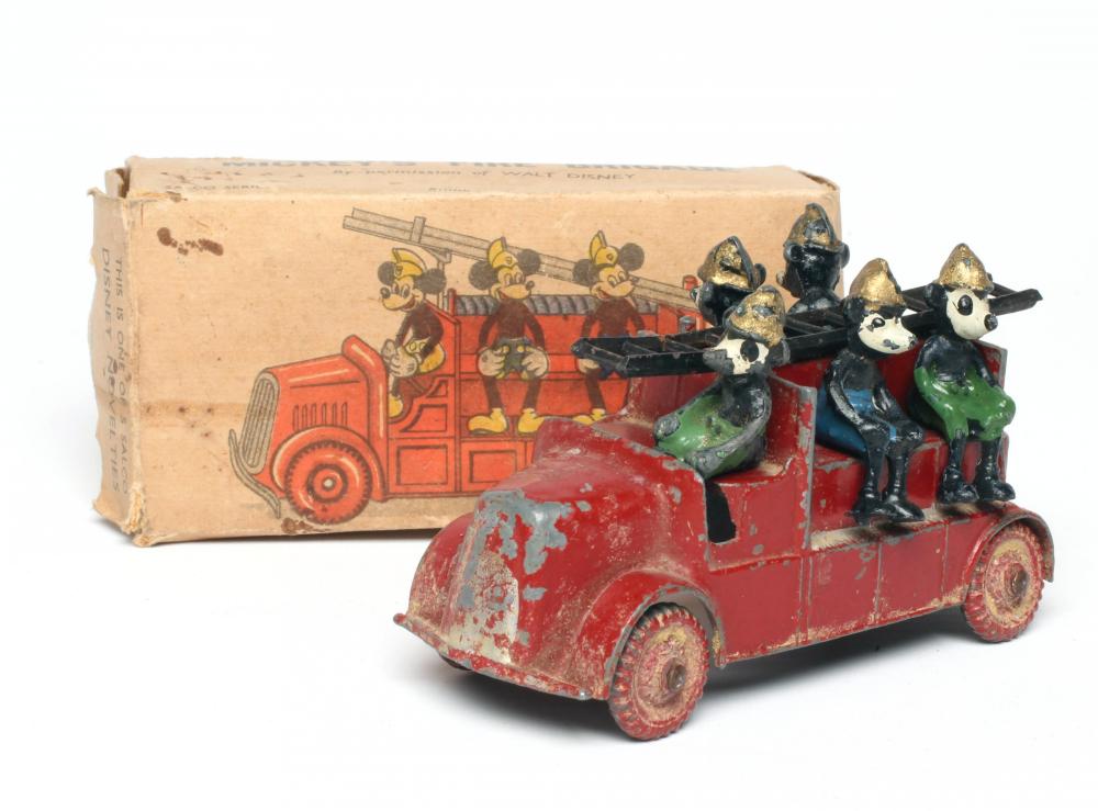 SLACO Mickeys Fire Brigade Fire Engine with five Mickey Mouse characters and ladder, box fair, Image