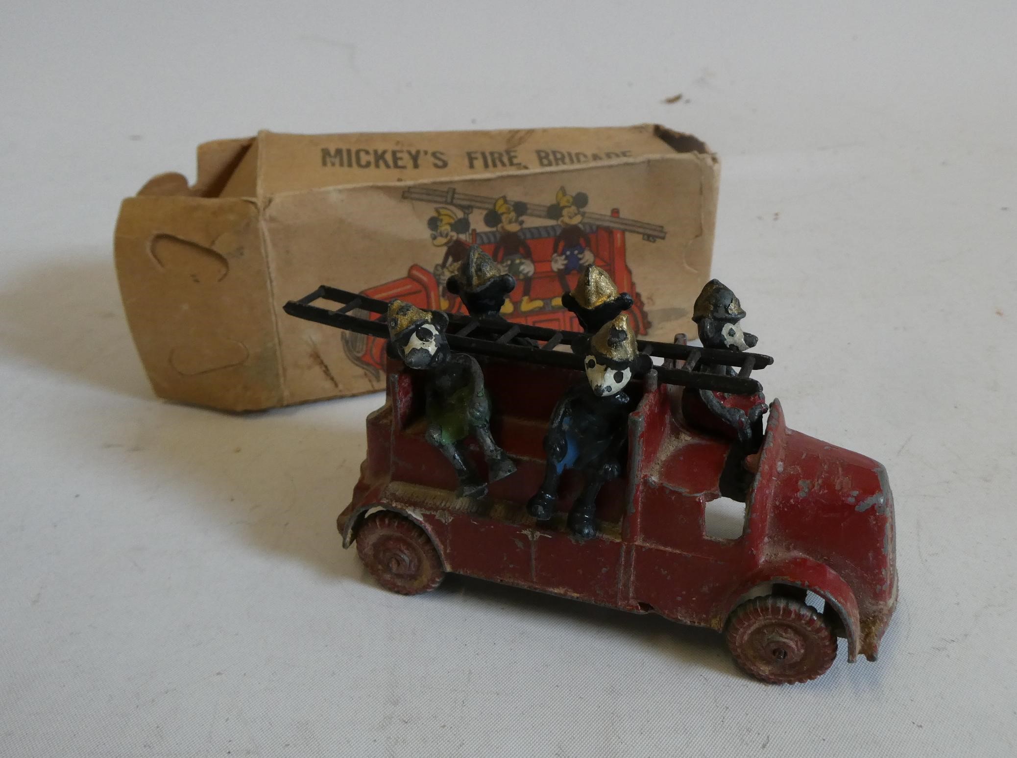SLACO Mickeys Fire Brigade Fire Engine with five Mickey Mouse characters and ladder, box fair, Image