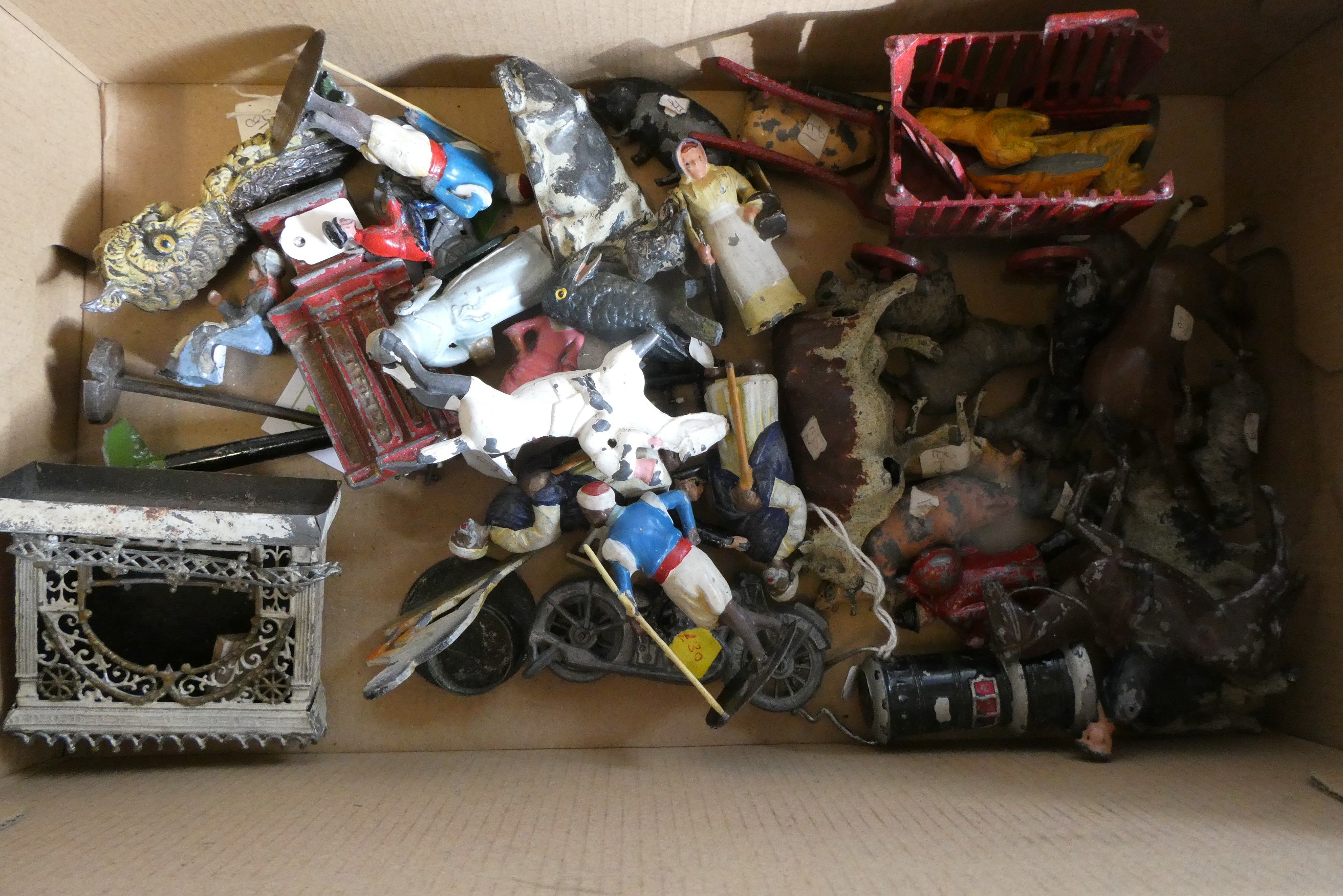 Lead farm and civilians by Britains and others, most items have paint missing, few have damage, fair Image