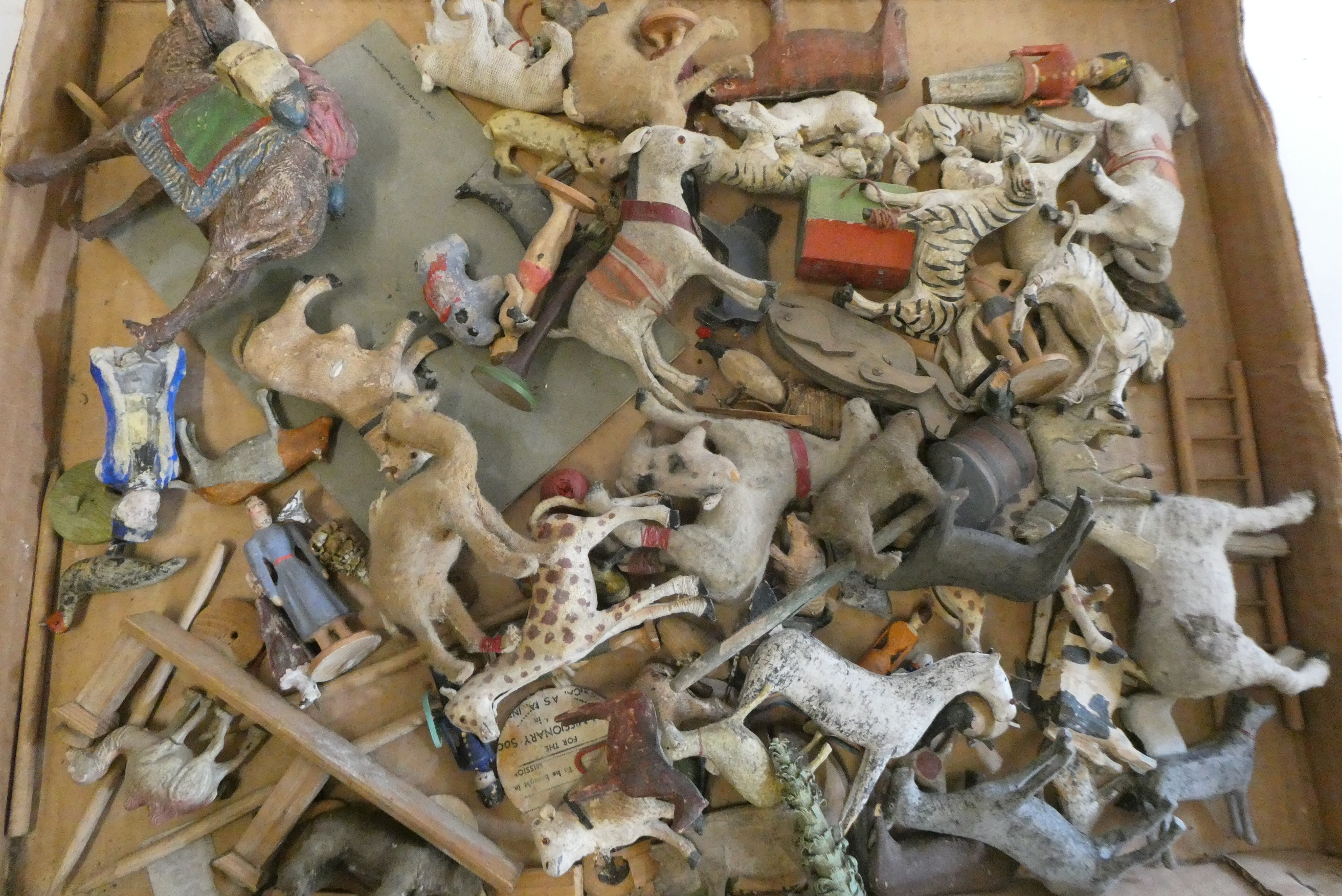 Wooden ark or zoo animals and figures, some items have minor damage or paint loss, fair Image