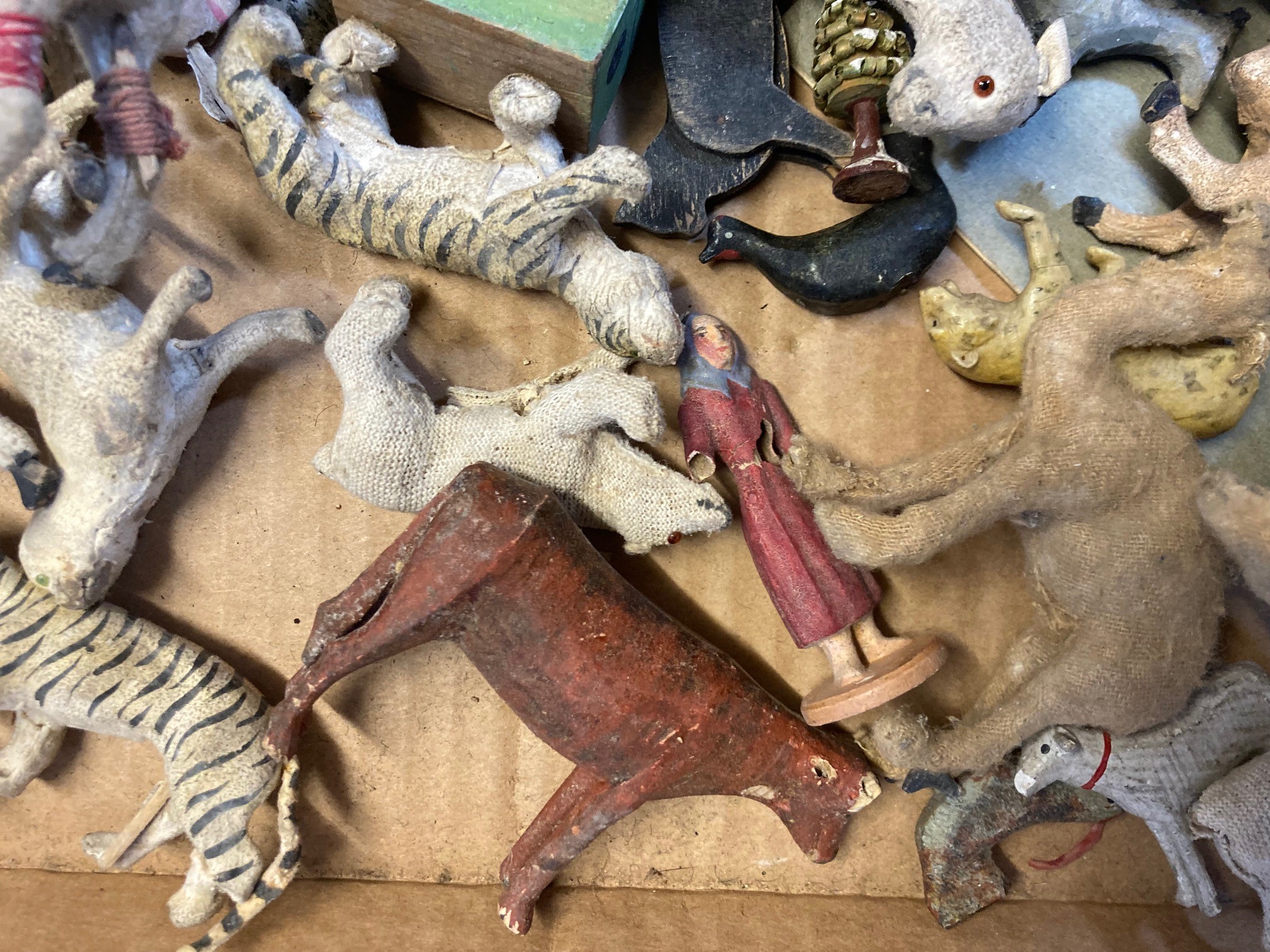 Wooden ark or zoo animals and figures, some items have minor damage or paint loss, fair Image