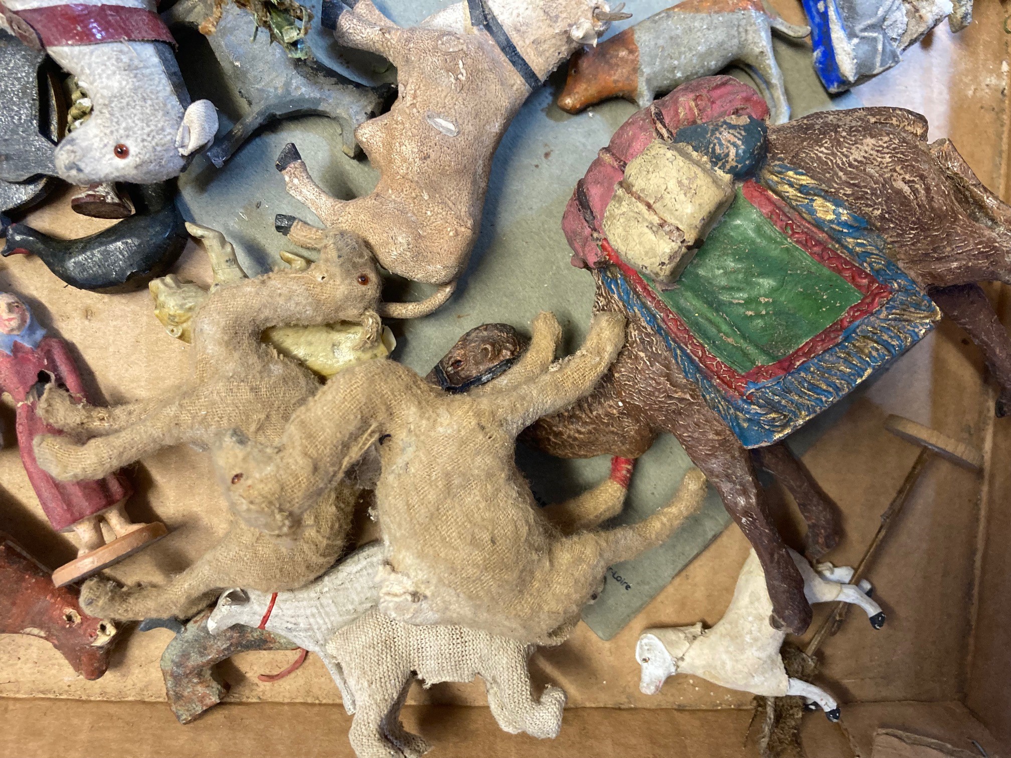 Wooden ark or zoo animals and figures, some items have minor damage or paint loss, fair Image