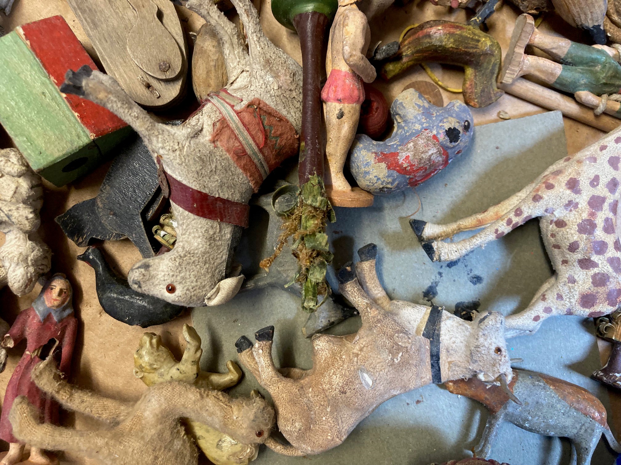 Wooden ark or zoo animals and figures, some items have minor damage or paint loss, fair Image