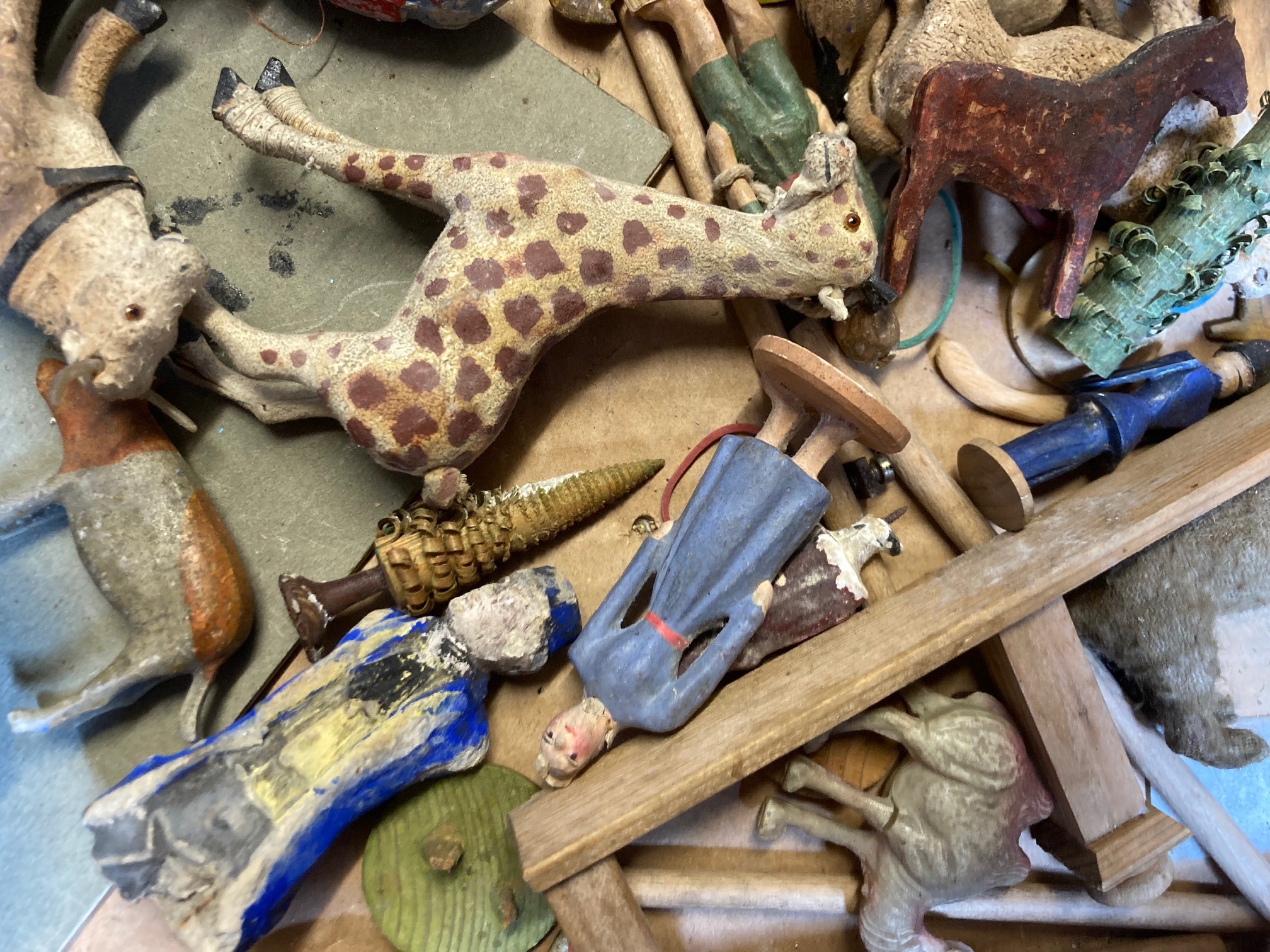 Wooden ark or zoo animals and figures, some items have minor damage or paint loss, fair Image