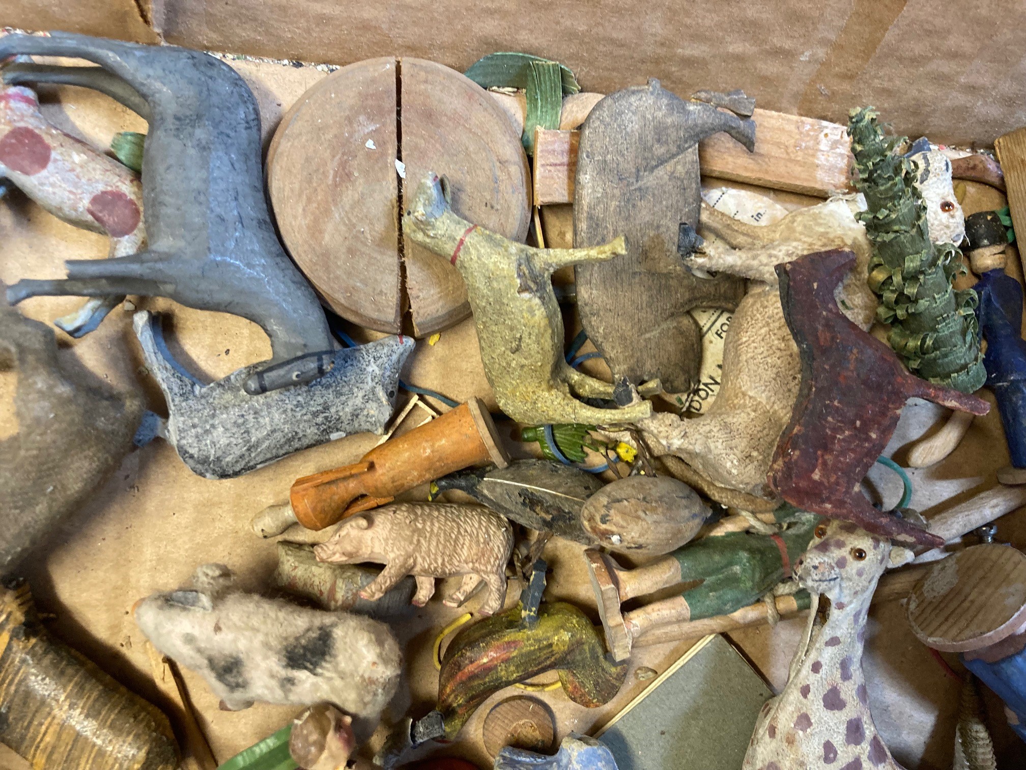 Wooden ark or zoo animals and figures, some items have minor damage or paint loss, fair Image