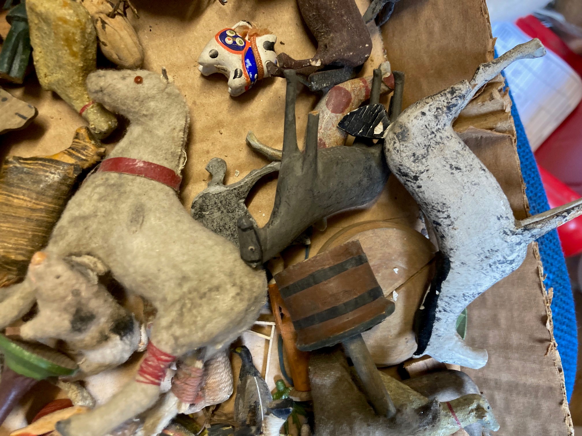 Wooden ark or zoo animals and figures, some items have minor damage or paint loss, fair Image