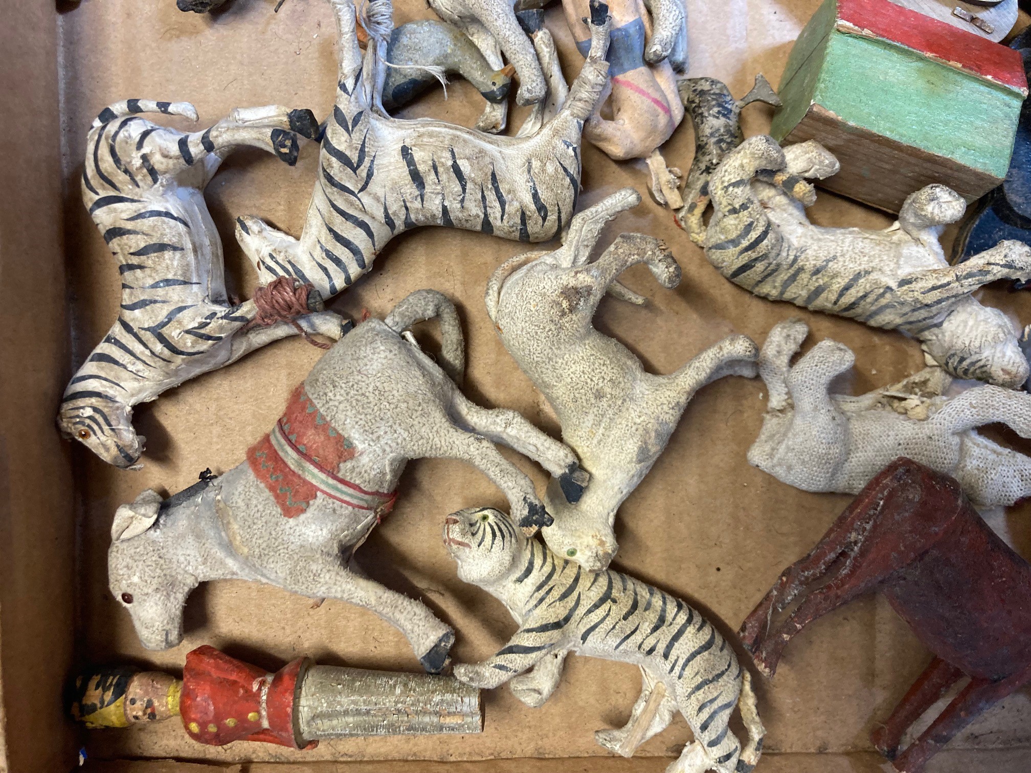 Wooden ark or zoo animals and figures, some items have minor damage or paint loss, fair Image