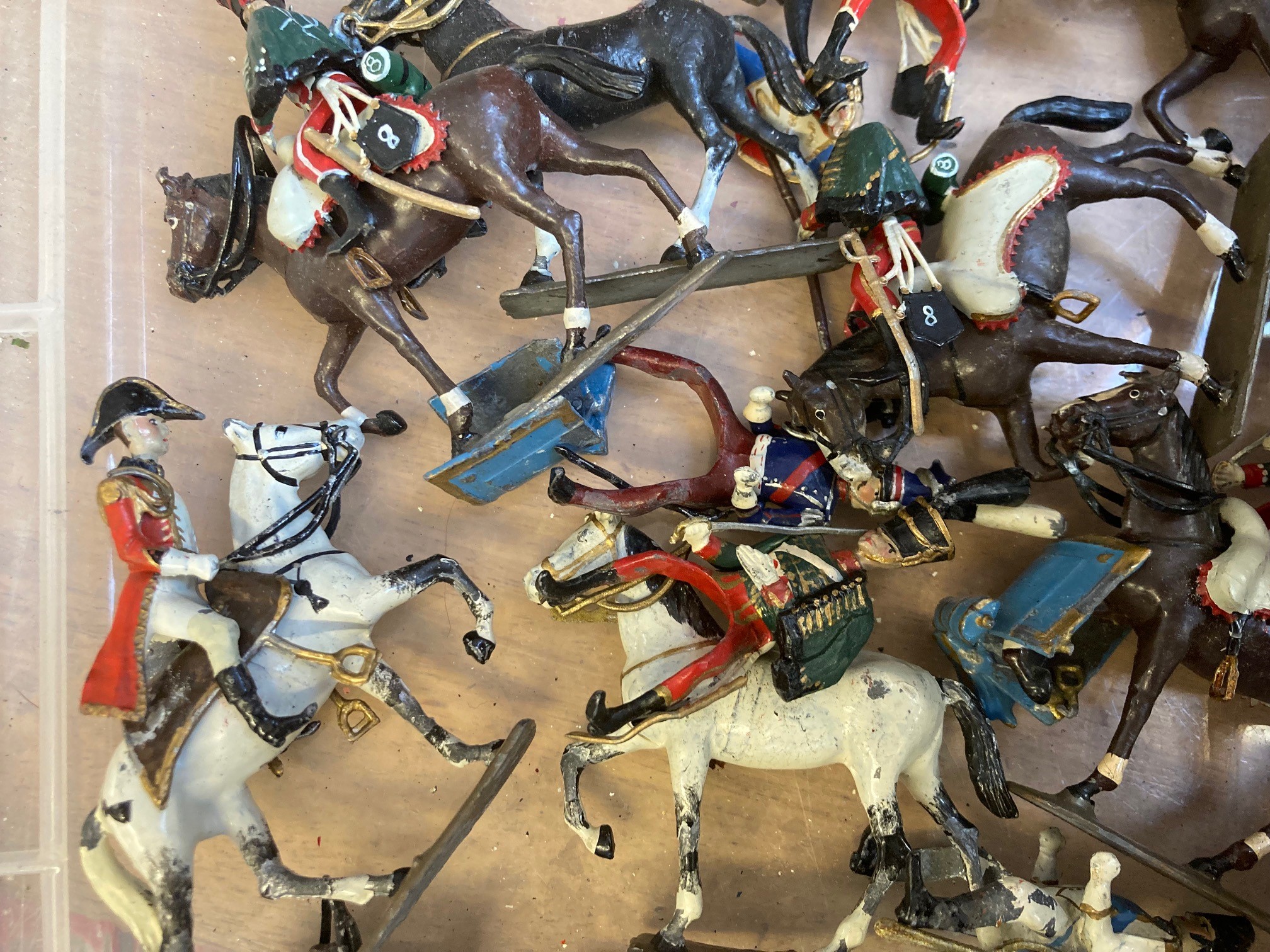 Twenty two Napoleonic mounted soldiers of unknown make, solid cast figures, 80 millimetres, include Image