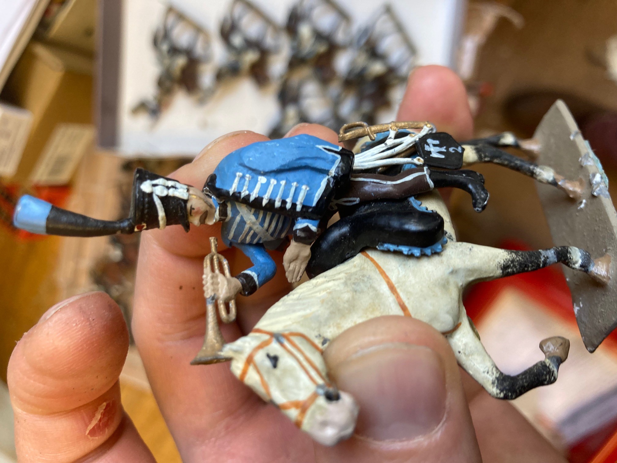 Twenty two Napoleonic mounted soldiers of unknown make, solid cast figures, 80 millimetres, include Image