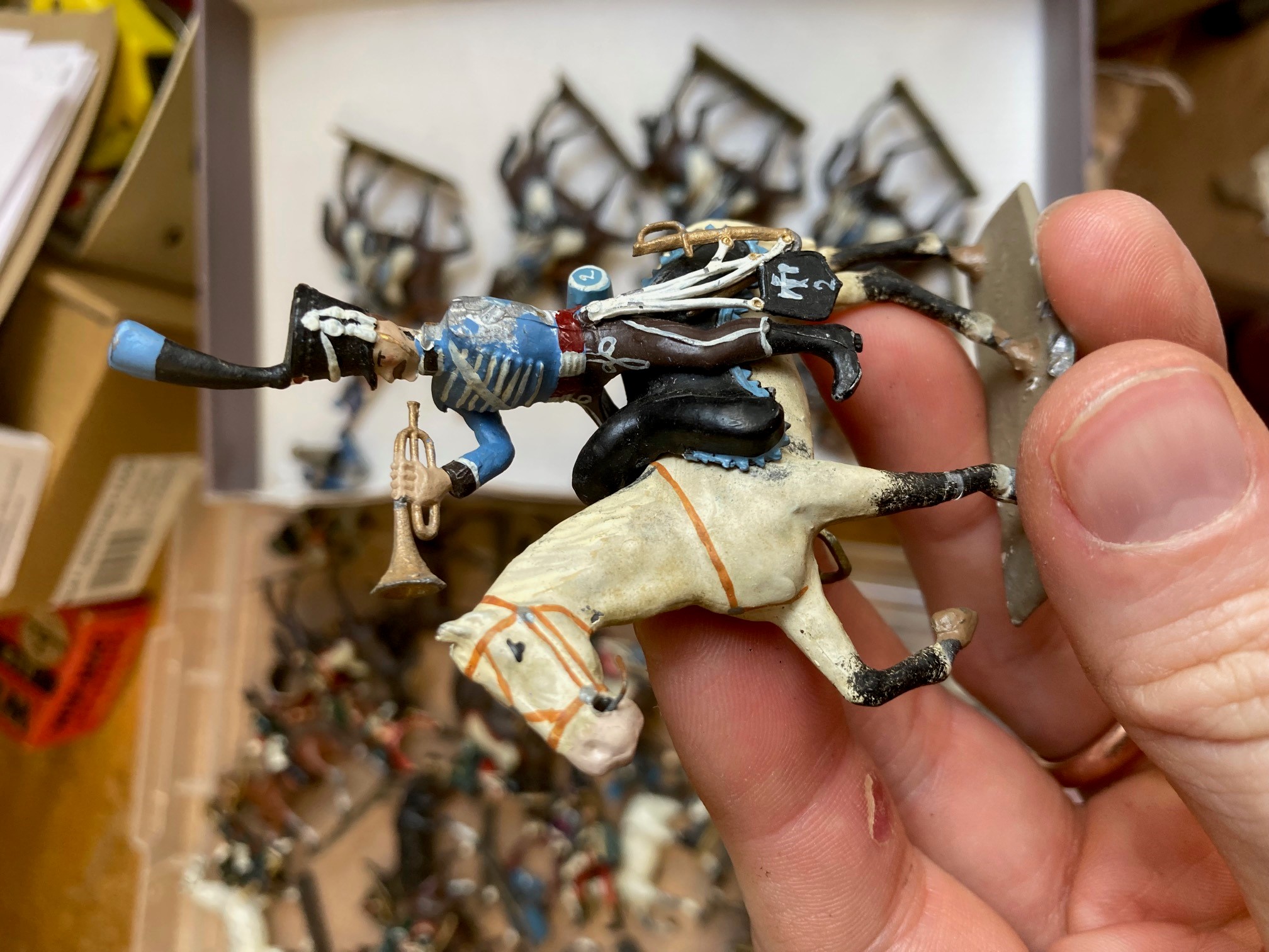 Twenty two Napoleonic mounted soldiers of unknown make, solid cast figures, 80 millimetres, include Image