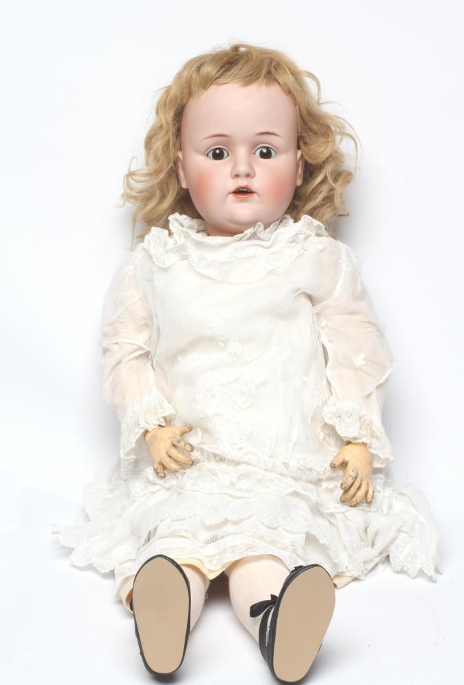 A J. D. Kestner bisque socket head doll, with brown glass sleeping eyes, open mouth, applied teeth, Image