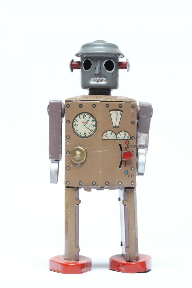 An original 1940s version of the clockwork ATOMIC MAN tinplate Robot Image