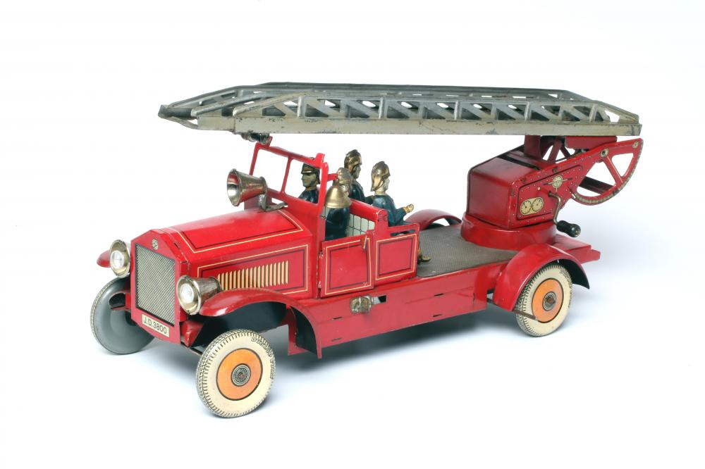 Large Disler Nuremberg fire engine ladder escape, clockwork motor with bell, extending ladder and Image