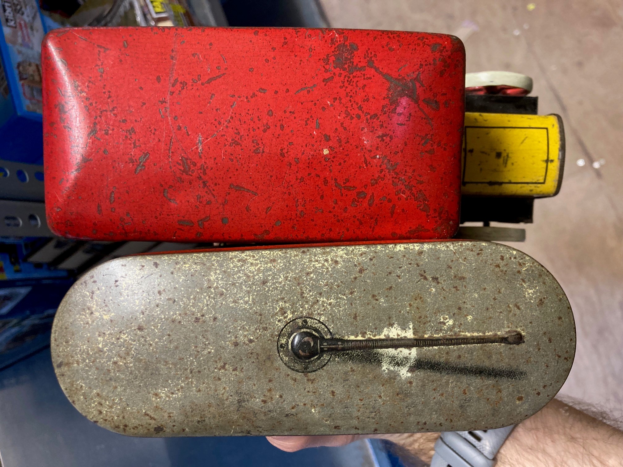 Tinplate biscuit tin tram and Gray Dunns biscuits bus, some rusting, paint damage fair and a Image
