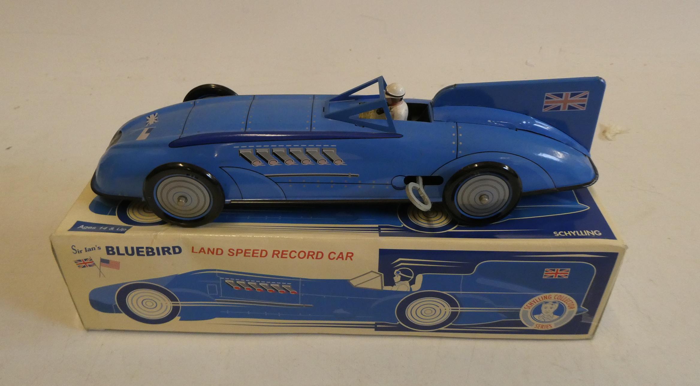 Schylling Toys clockwork tin printed Bluebird speed record car, boxed, excellent Image