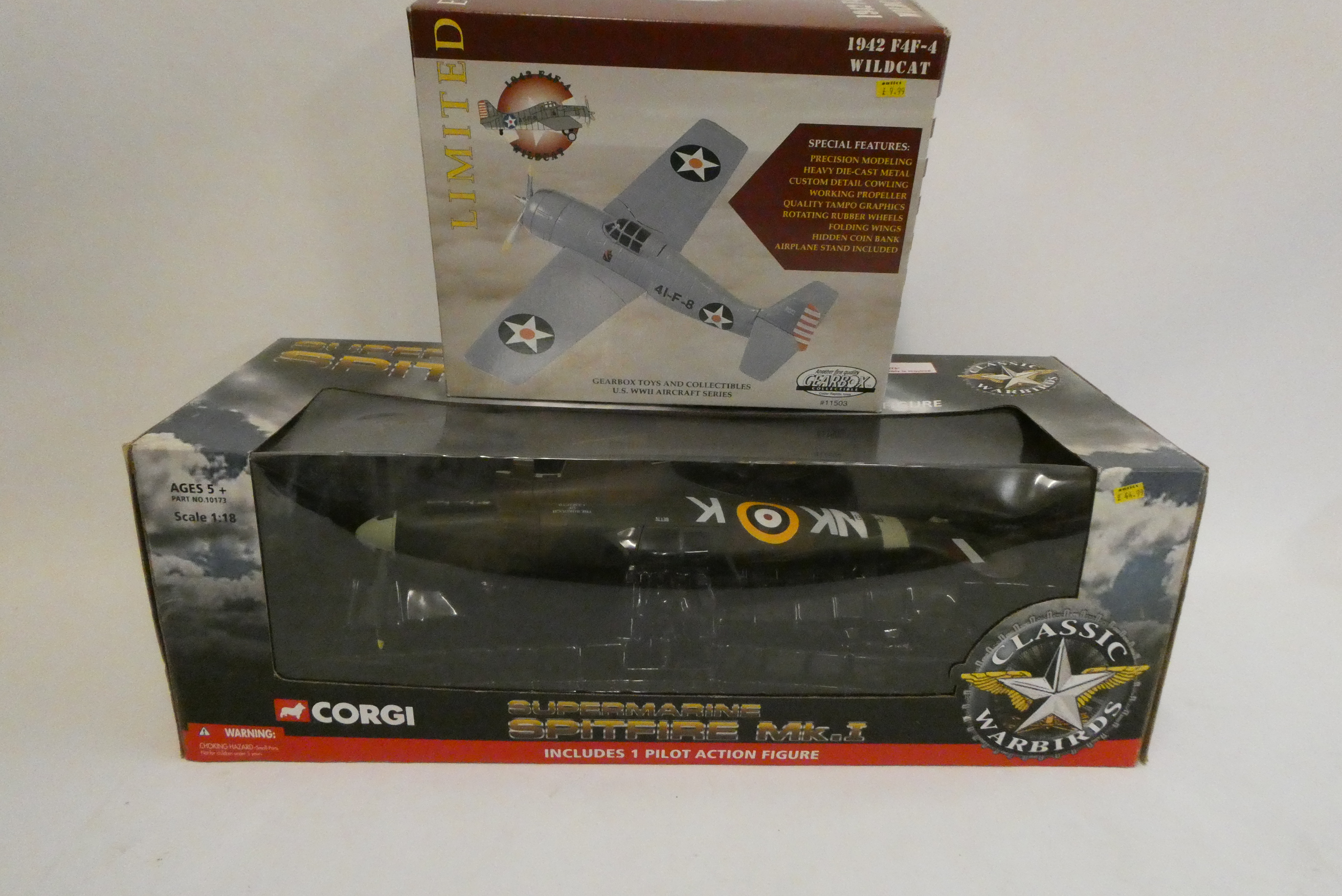 Gearbox F4F Wildcat US Navy 1942 and 1/8 scale Spitfire MK1, both items boxed, excellent Image