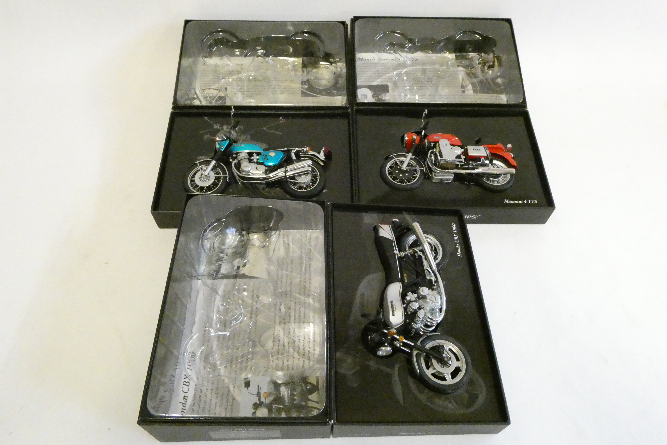 Mini Champs 1:12 scale Motorcycles comprising Munch Mammut 4 TTS, Honda CBX 1000 and Honda CB750, Image