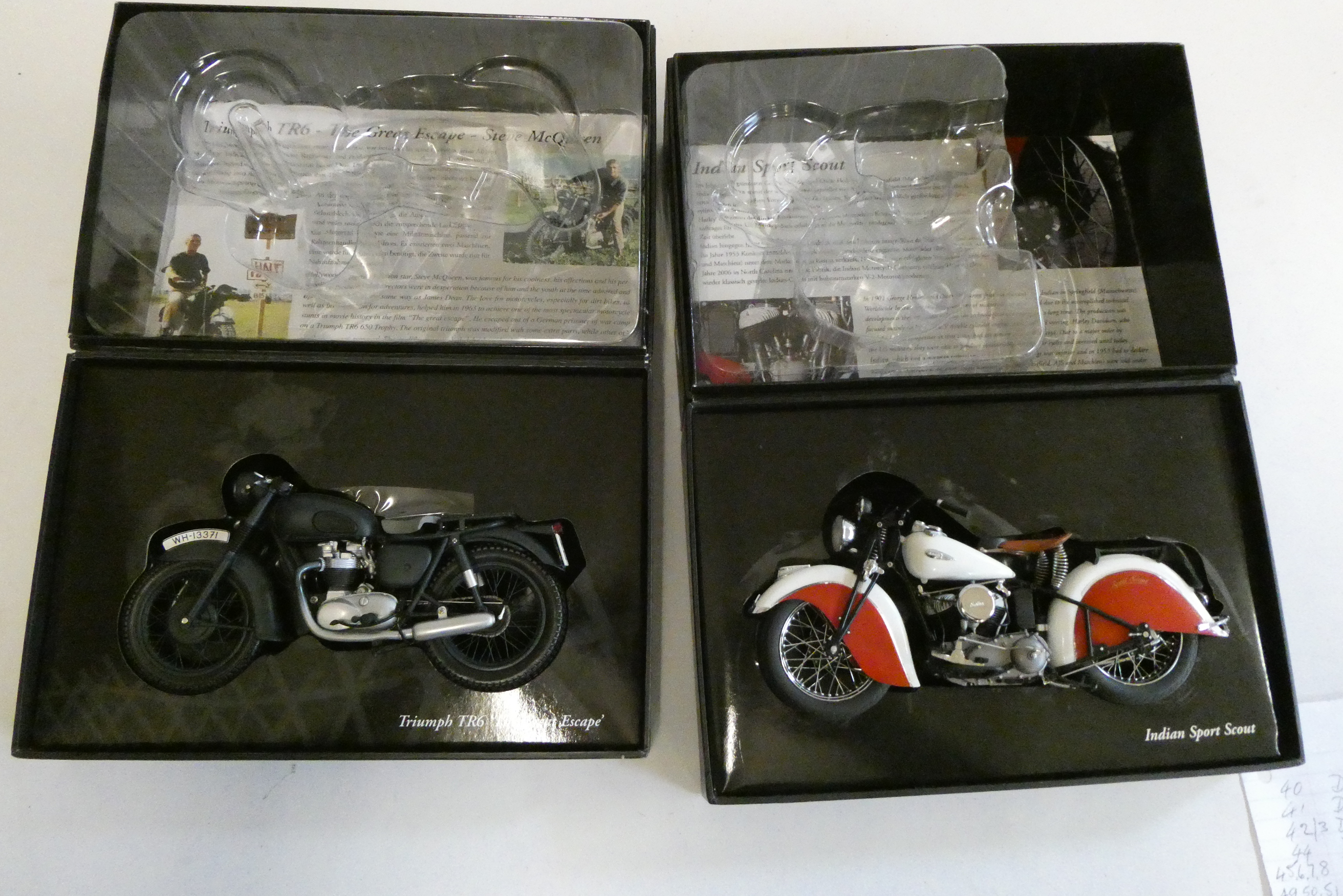 Minichamps 1:12 scale motorcycle comprising The Great Escape Triumph TR6 and Indian Sport Scout Image