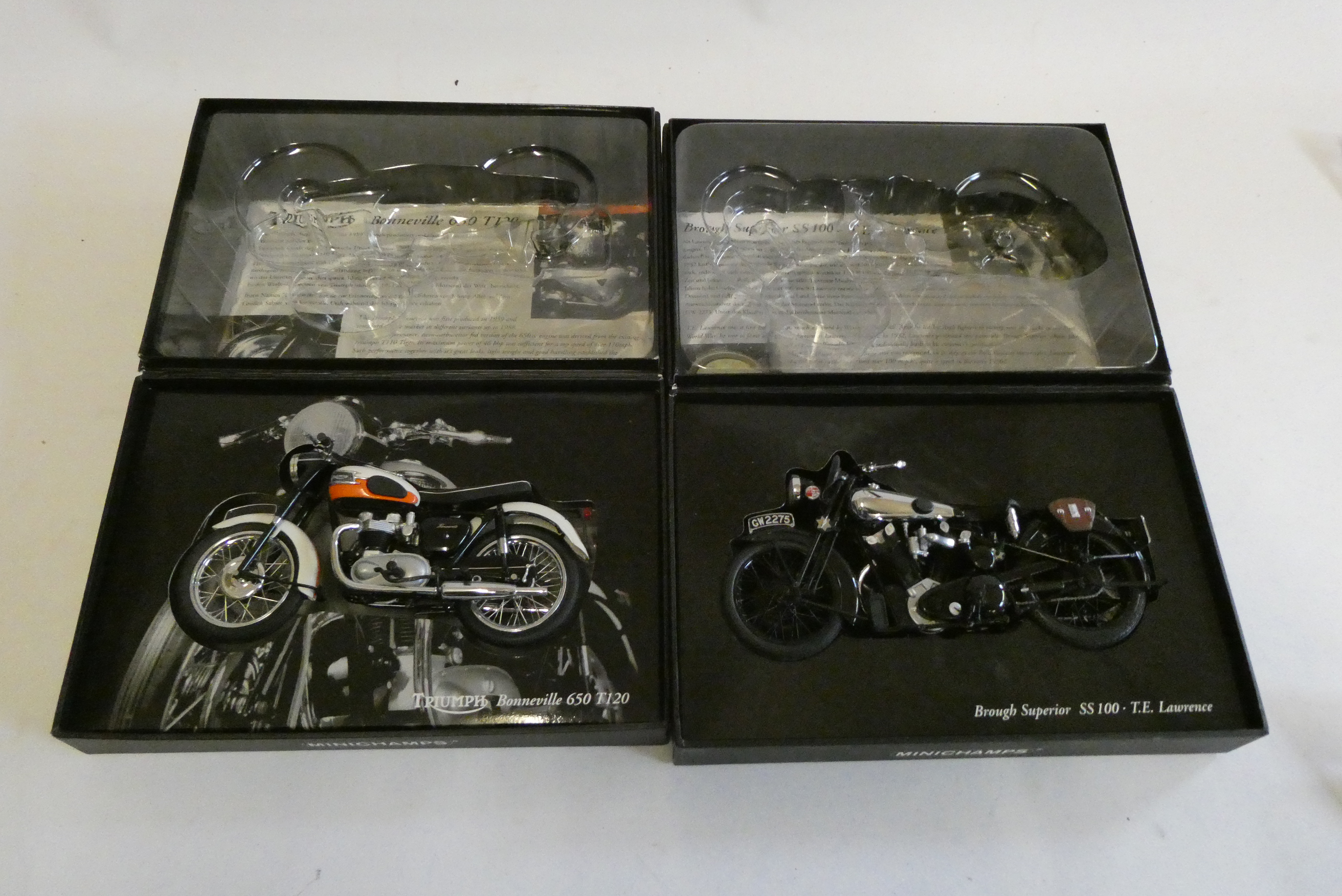Mini chimps 1:12 scale motorcycles comprising Triumph Bonneville 650 and Brough Superior SS100 TE Image