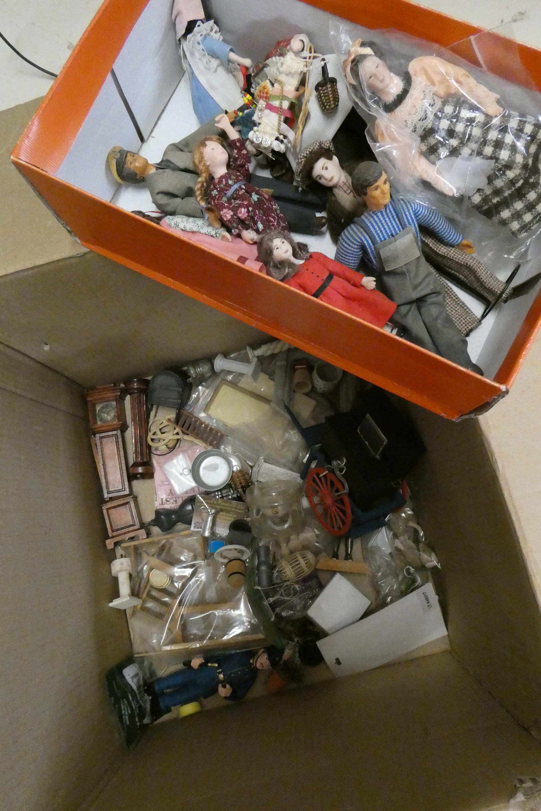 A quantity of dolls house dolls and accessories etc, including 9 dolls, a monkey, travelling organ, Image