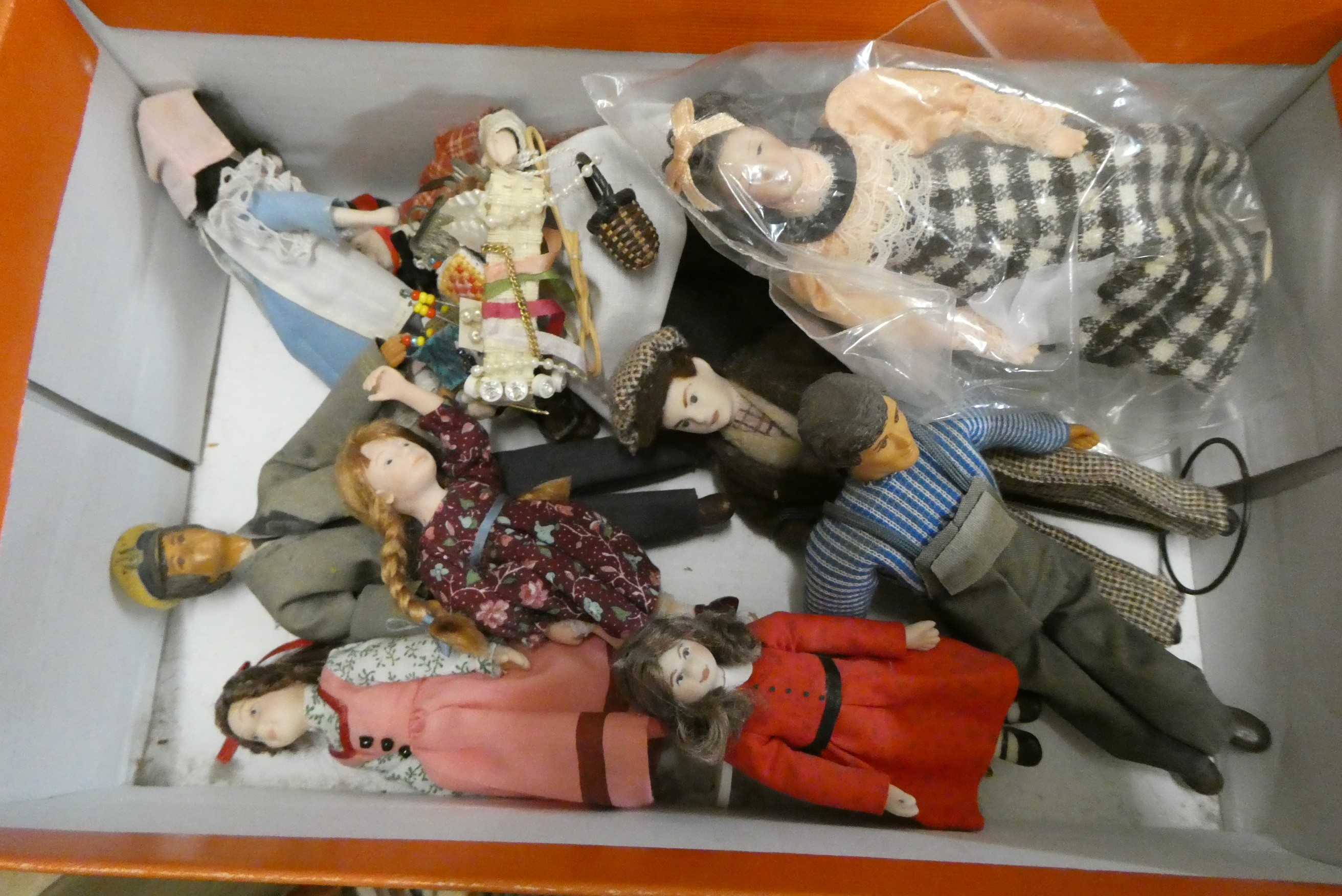 A quantity of dolls house dolls and accessories etc, including 9 dolls, a monkey, travelling organ, Image