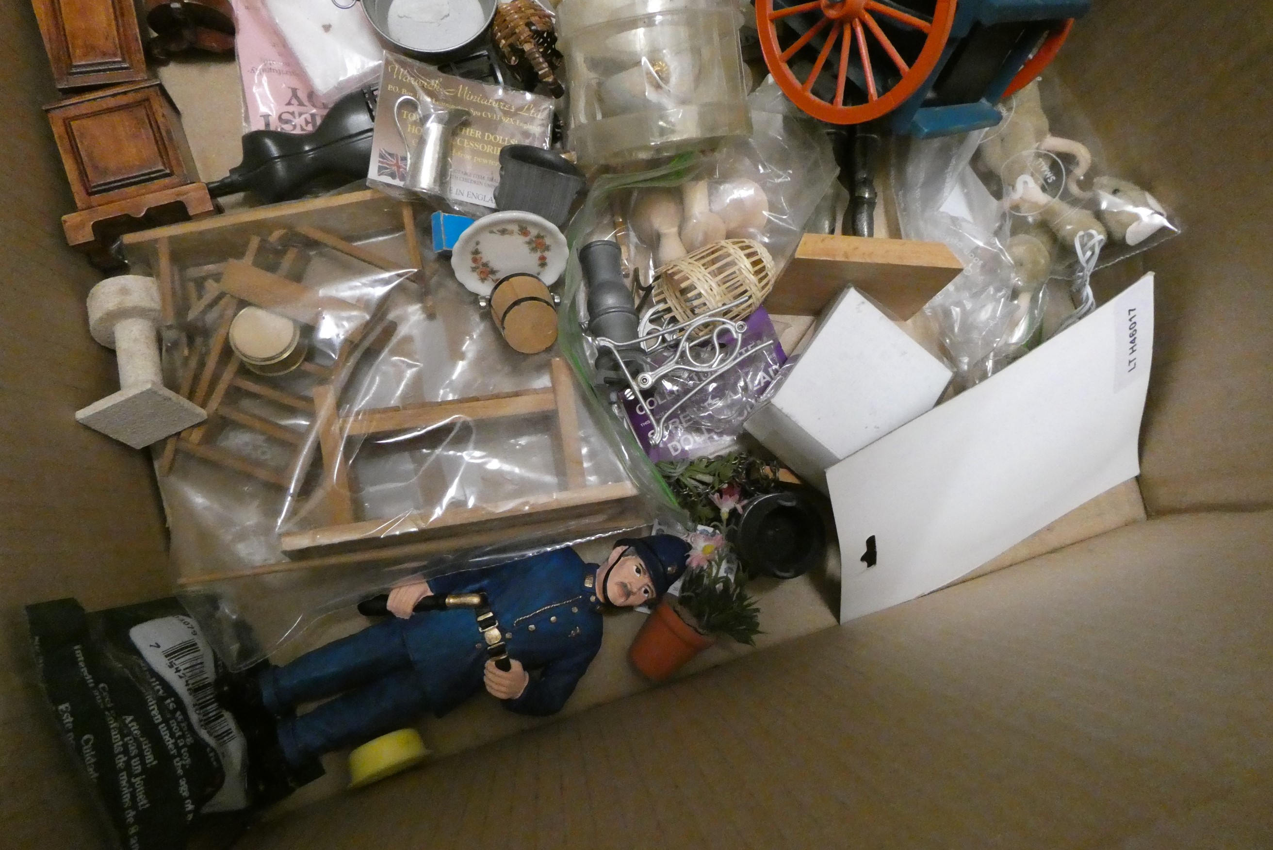 A quantity of dolls house dolls and accessories etc, including 9 dolls, a monkey, travelling organ, Image