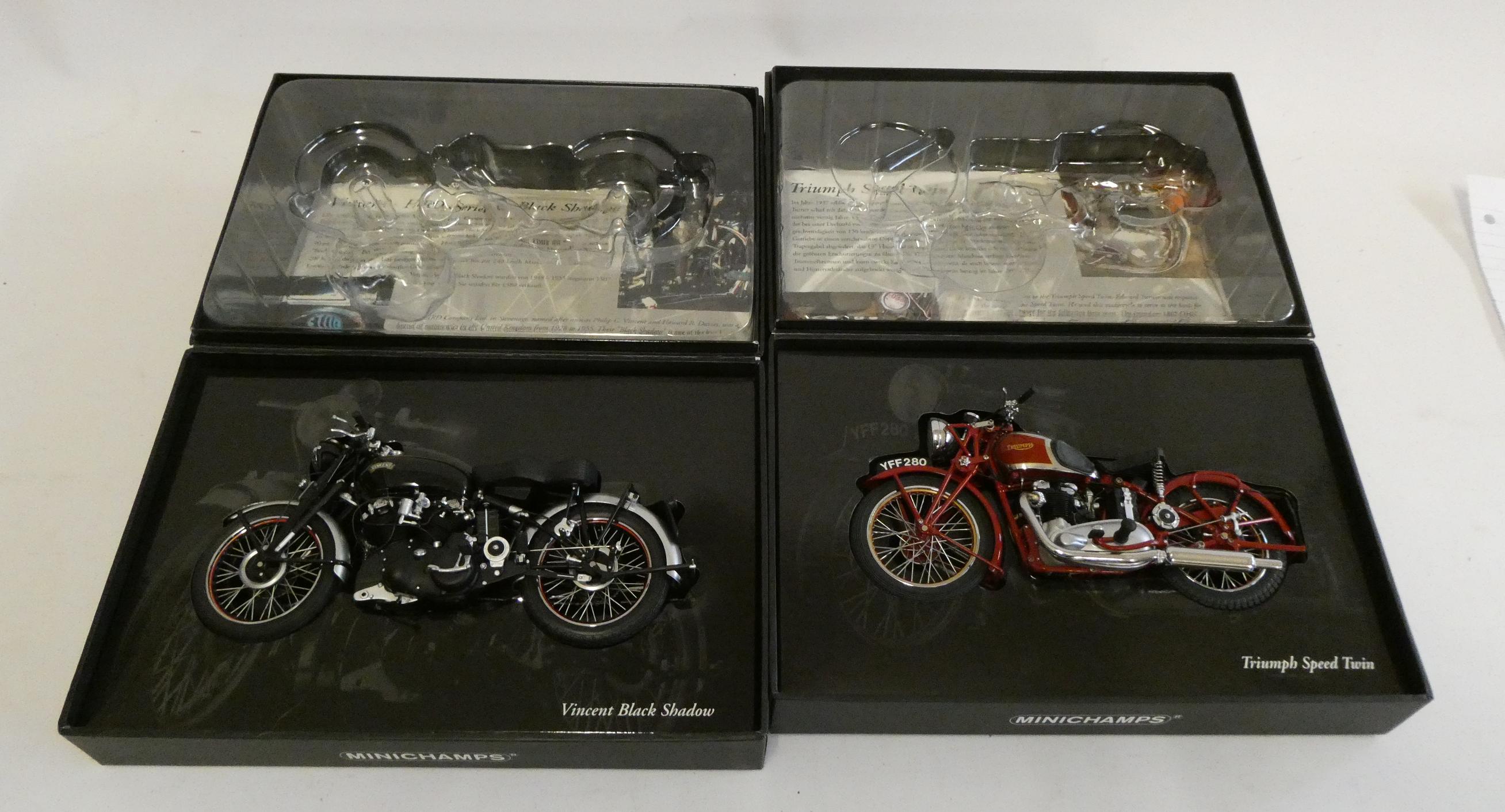 Minichamps 1:12 scale motorcycles comprising Vincent Black Shadow and Triumph Speed Twin, both items Image