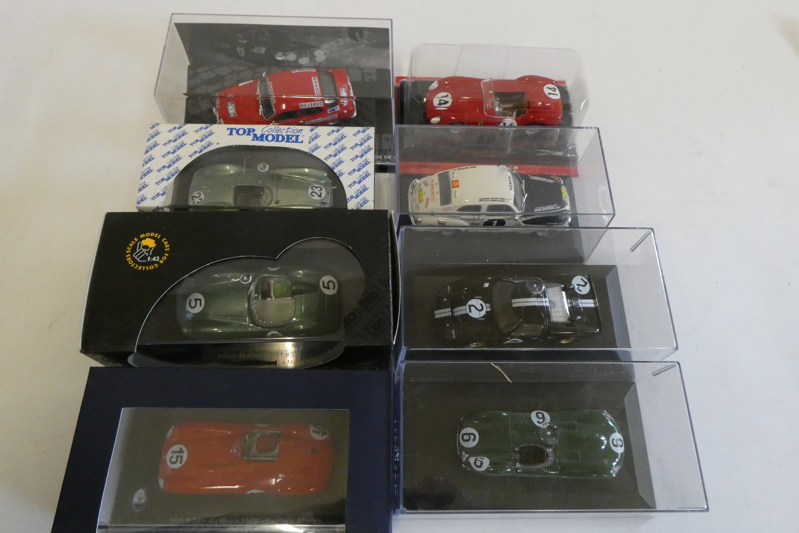 Eight historic model race cars 1:43rd scale including Ferraris, Fords and Jaguar, all items boxed, Image