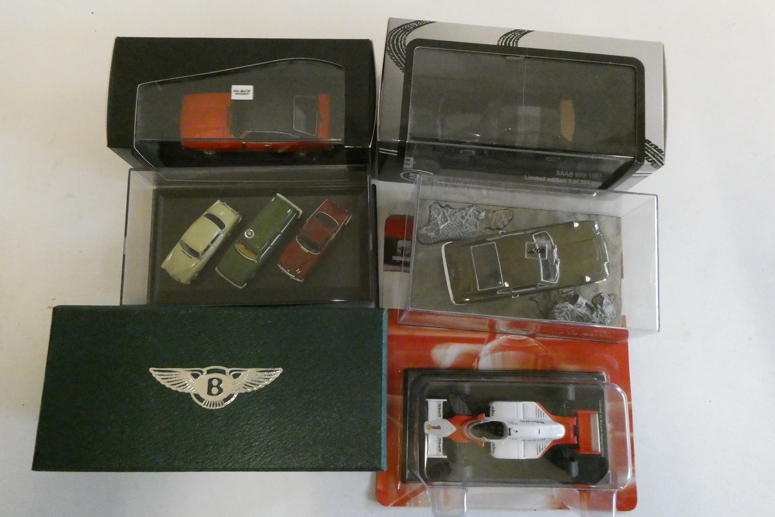 Six diecast vehicles including Minichamps Ford Capri, Aston Martin DBS, Lansdowne, 1936 Bentley Image