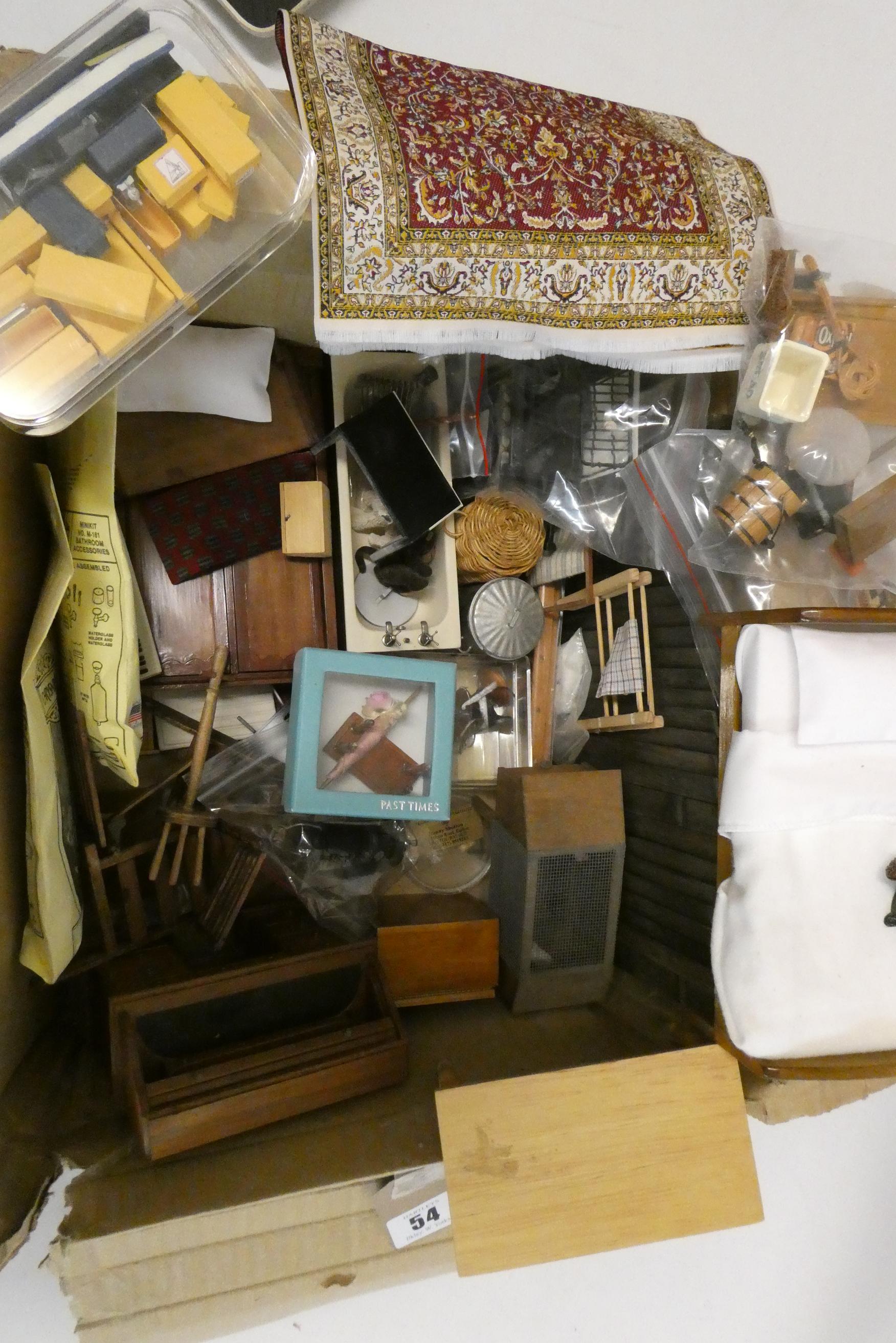 A quantity of dolls house accessories, including wood furniture and a miniature boxed metal train Image