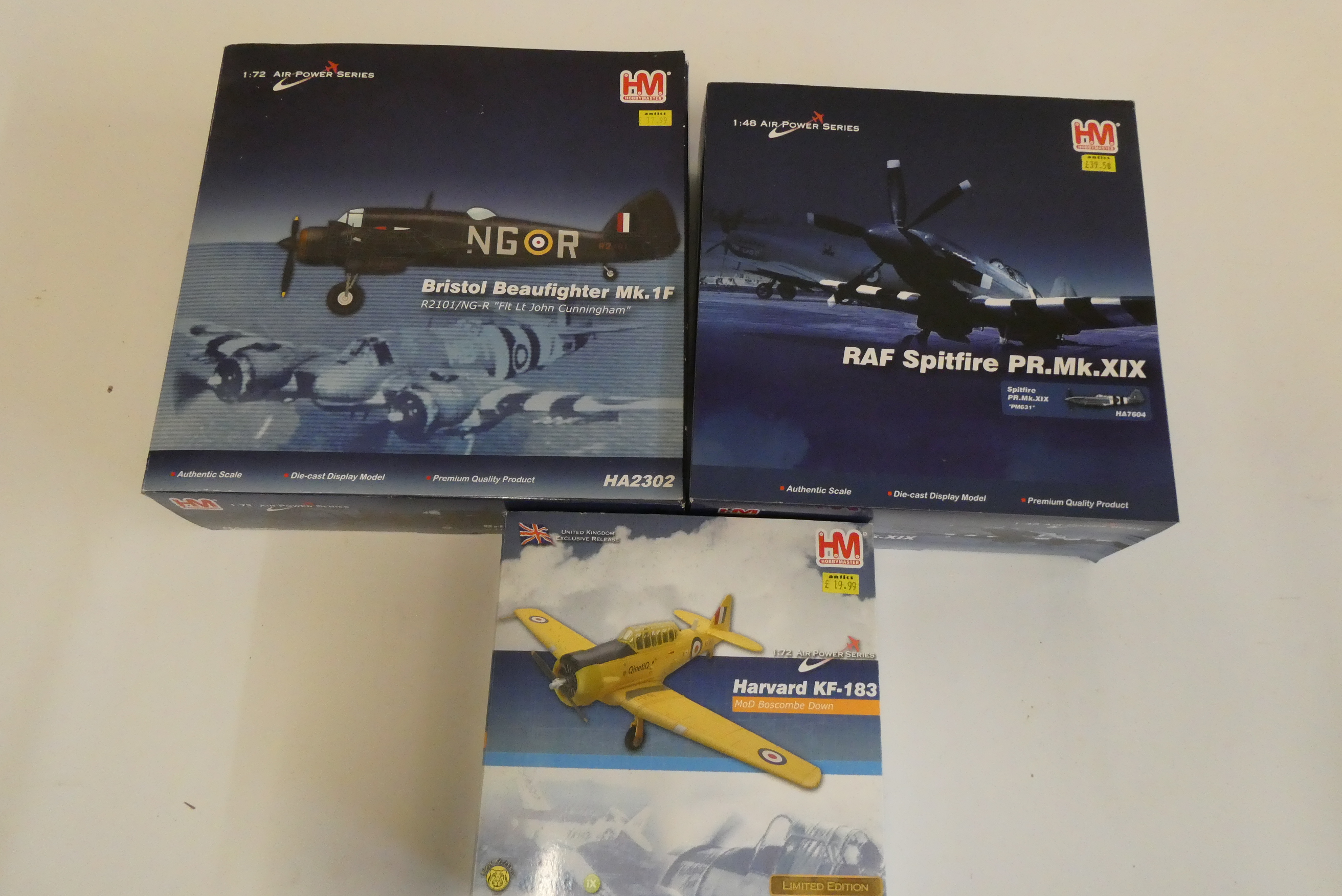 Hobby Masters Harvard KF183, Bristol Beaufigther MK-1F and RAF Spitfire PR-MK.XIX, all items boxed, Image