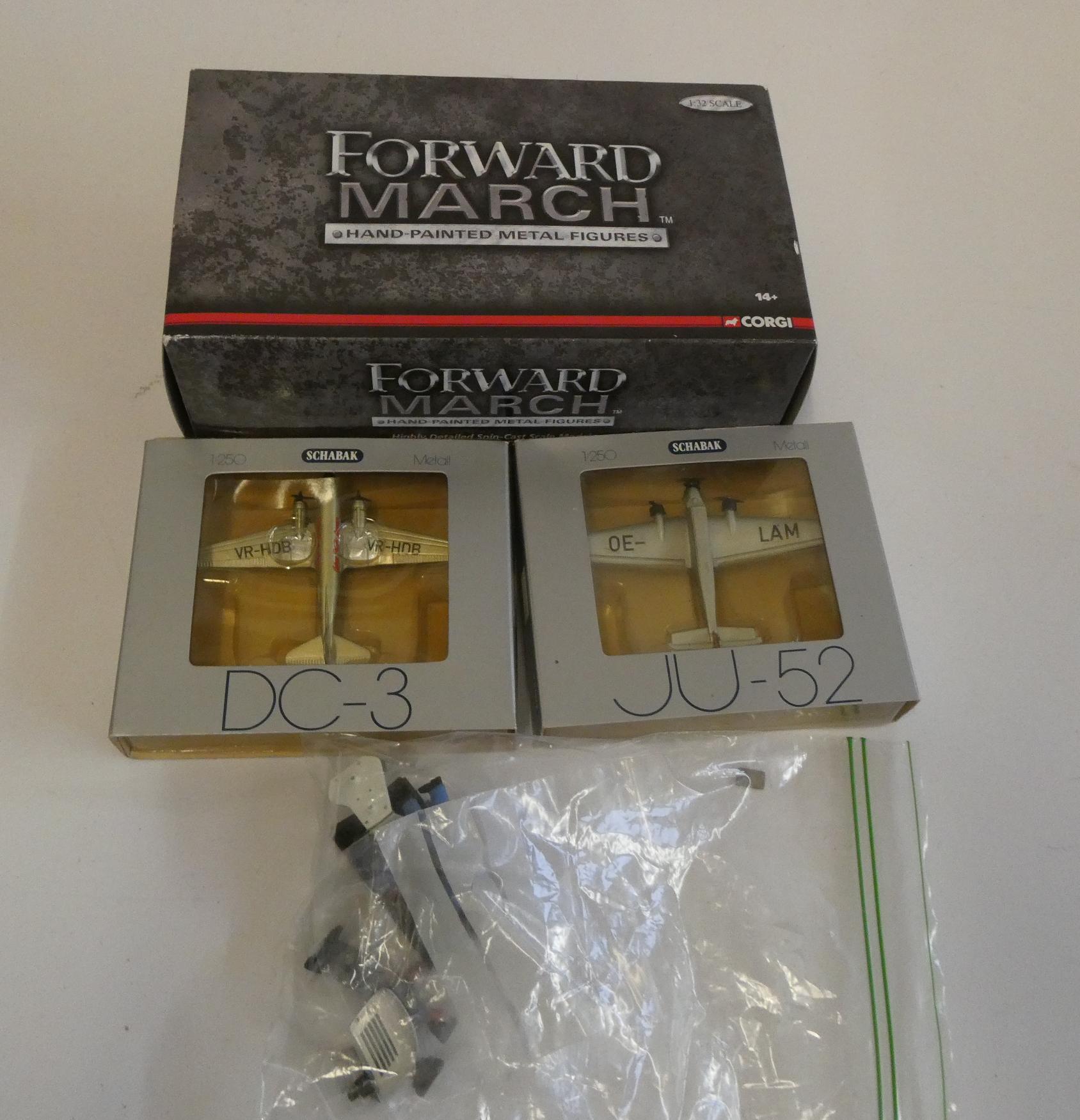 Schabak models DC3 and JU-52, boxed, good Corgi 1:32 scale RAF air crew, boxed, and two loose Image