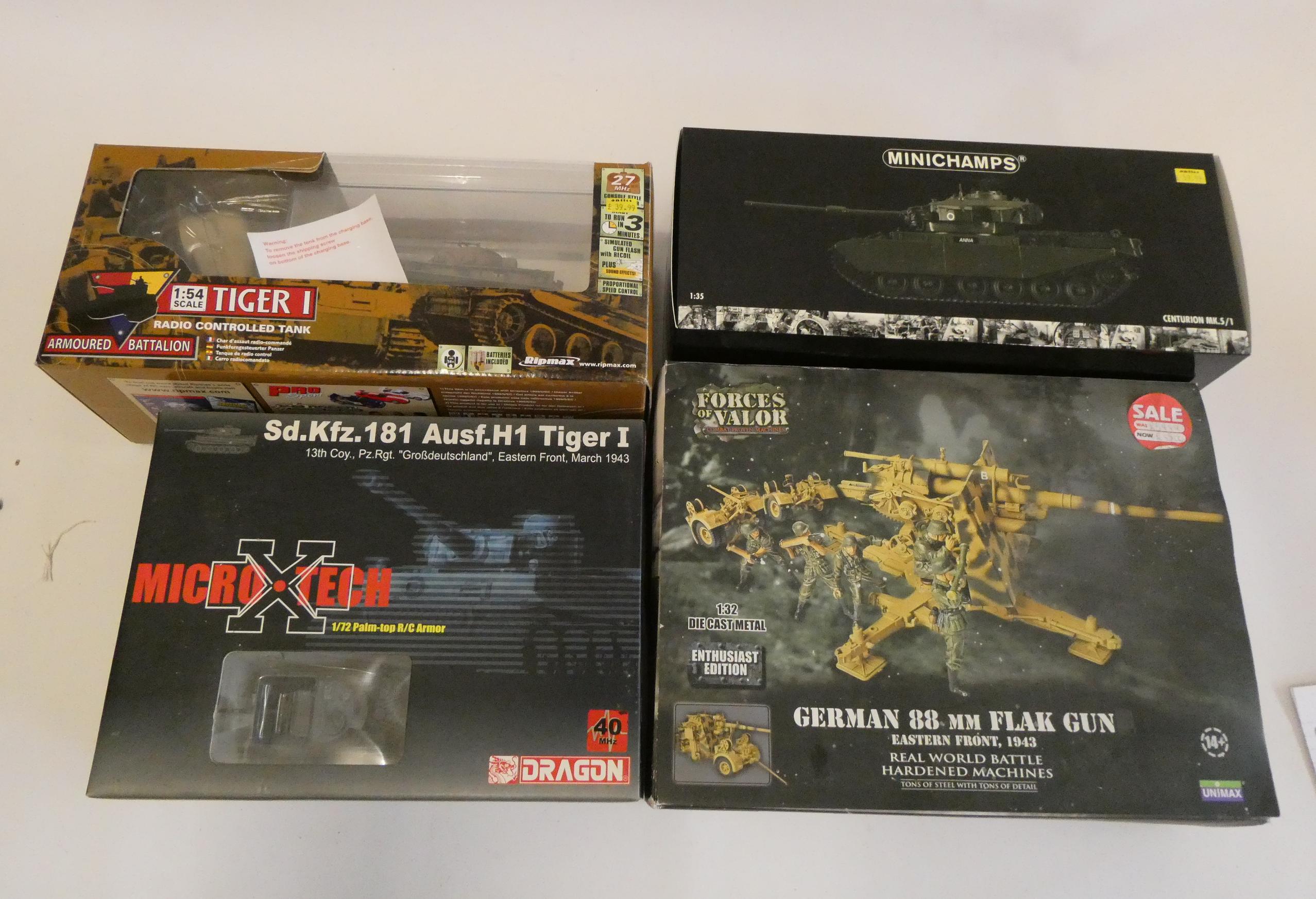 Military models comprising Micro-tech 1:72 RC Tiger 1 tank, Ripmax 1:54 RC Tiger 1 tank, Minichamps Image