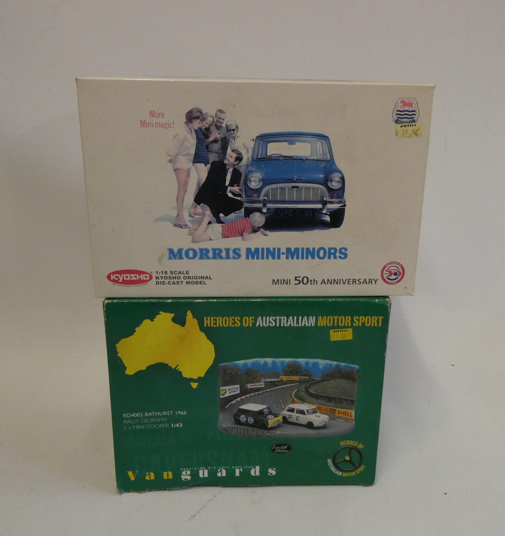 Kyosho Morris Mini Minor in white, 50th anniversary, 1:18th scale model, boxed, excellent, Vanguard Image