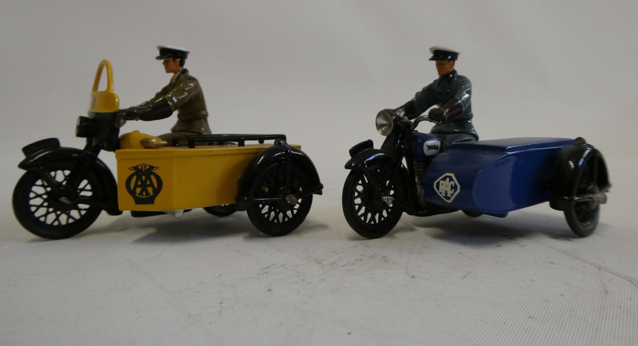 Diecast or RAC motorcycle with sidecar and diecast AA motorcycle and sidecar, models marked DTM to Image