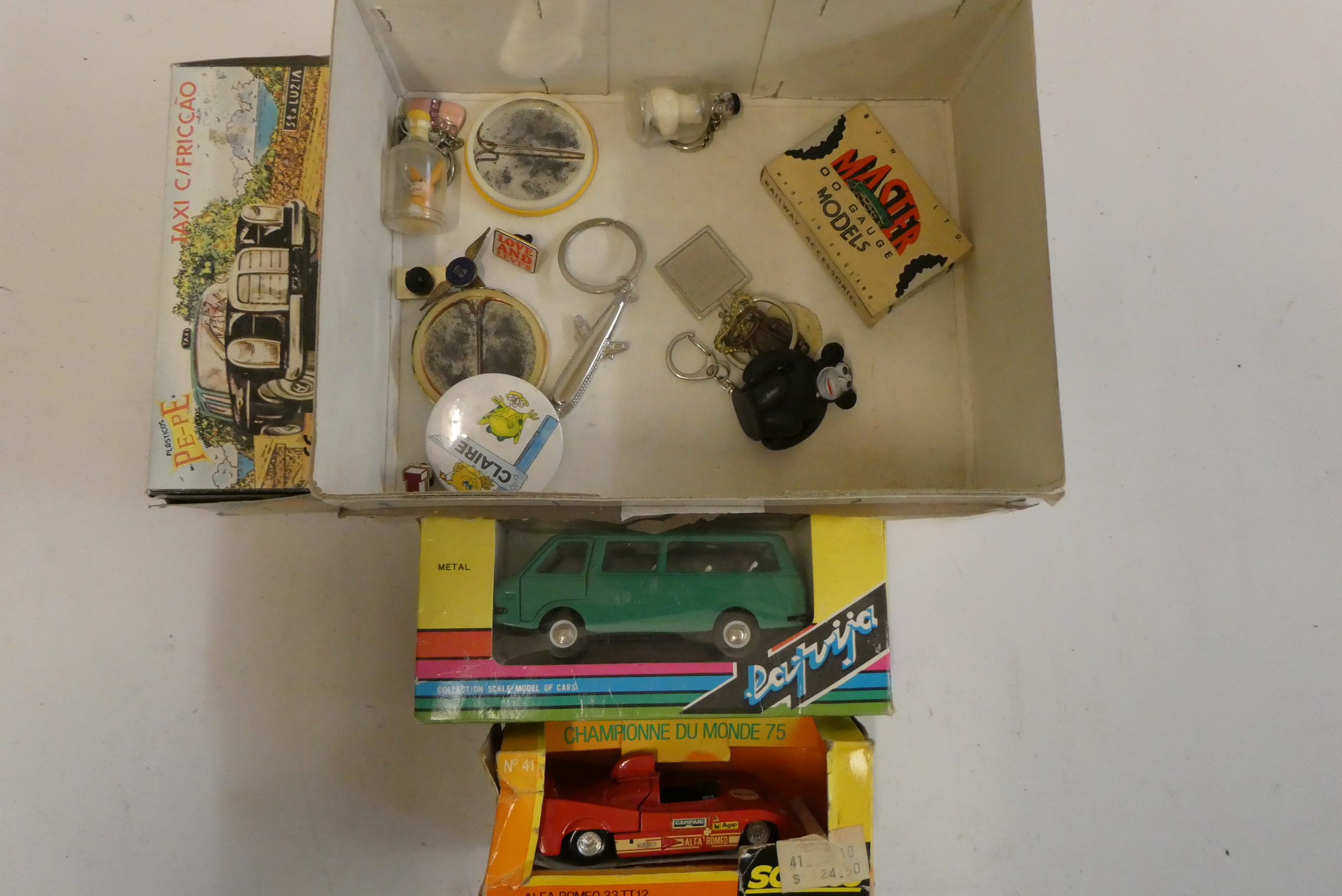 Solido Alfa Romeo Race car, Russian, Passenger Van 43rd scale, Portuguese tinplate Taxi cab and a Image