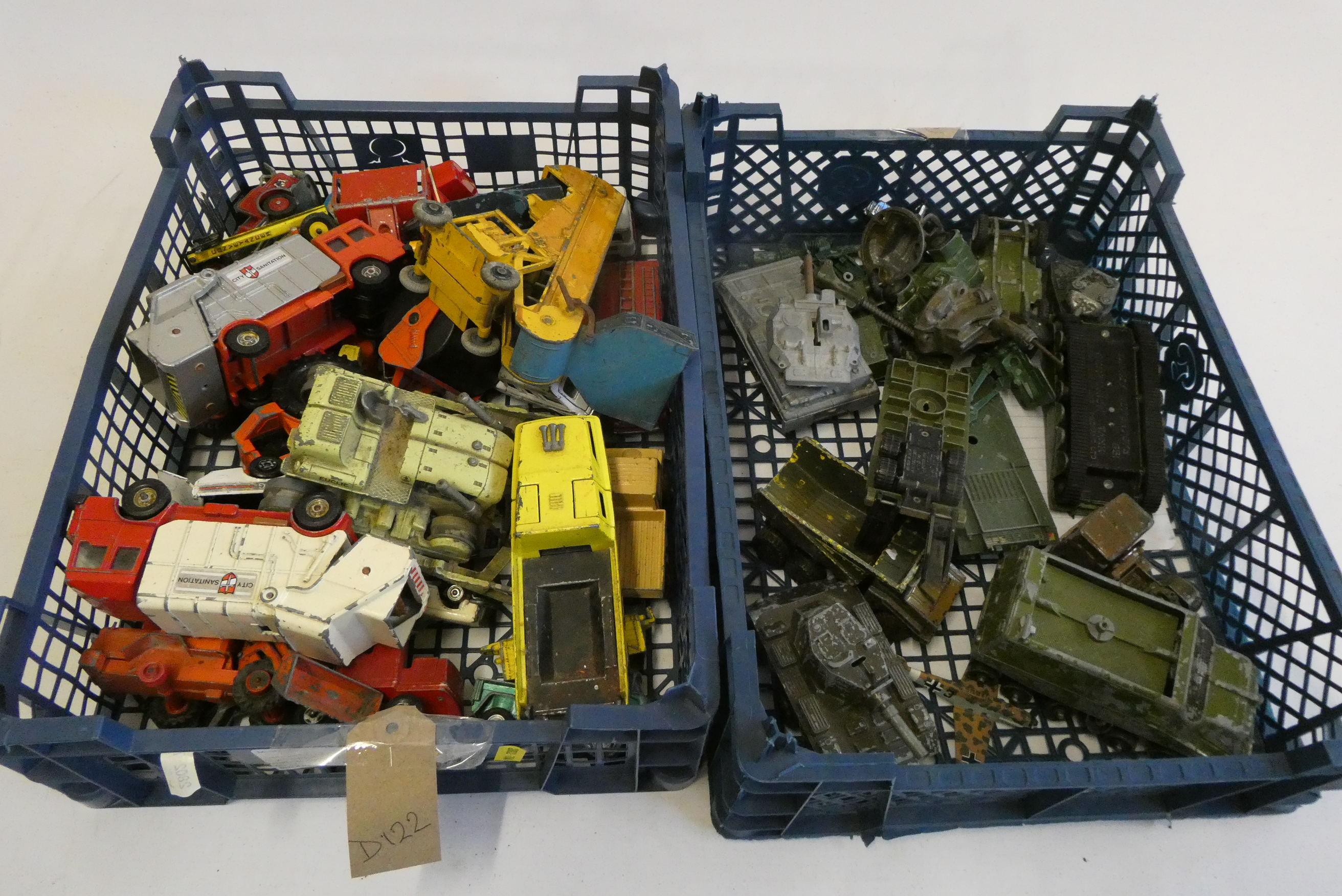 Quantity of playworn diecast vehicles including trucks, Dinky conveyer and Army vehicles, most items Image