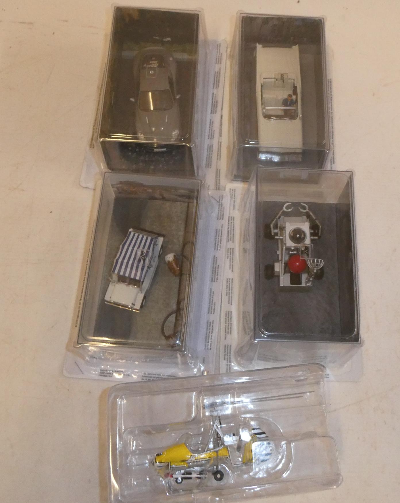 Five Fabbri James Bond vehicles comprising Moon Buggy, Aston Martin, Vantage Gyrocopter, Mini-Moke Image