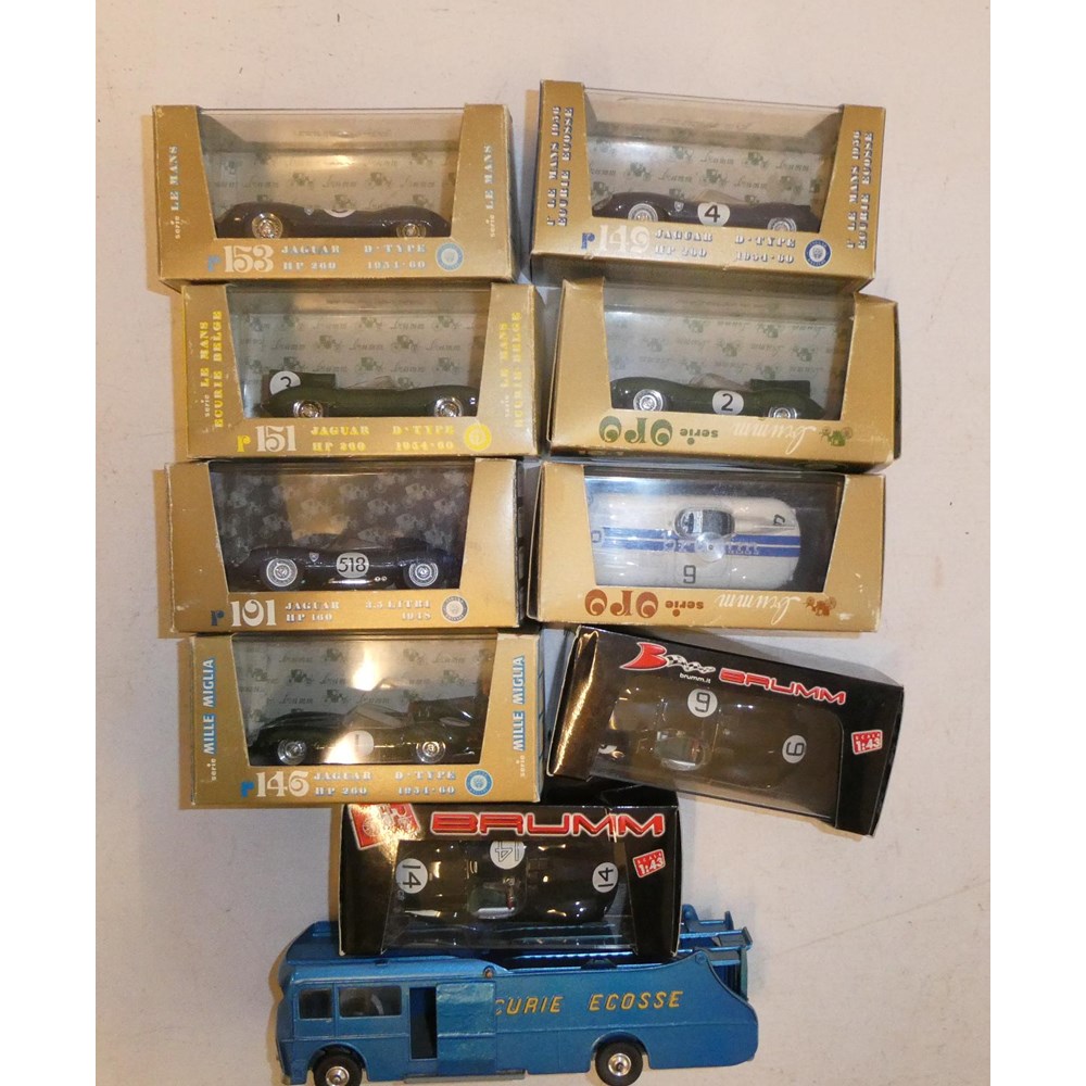 Diecast 1:43 scale Jaguar racing cars by Crumm and Brumm, all items boxed, mint, and Corgi race car Image