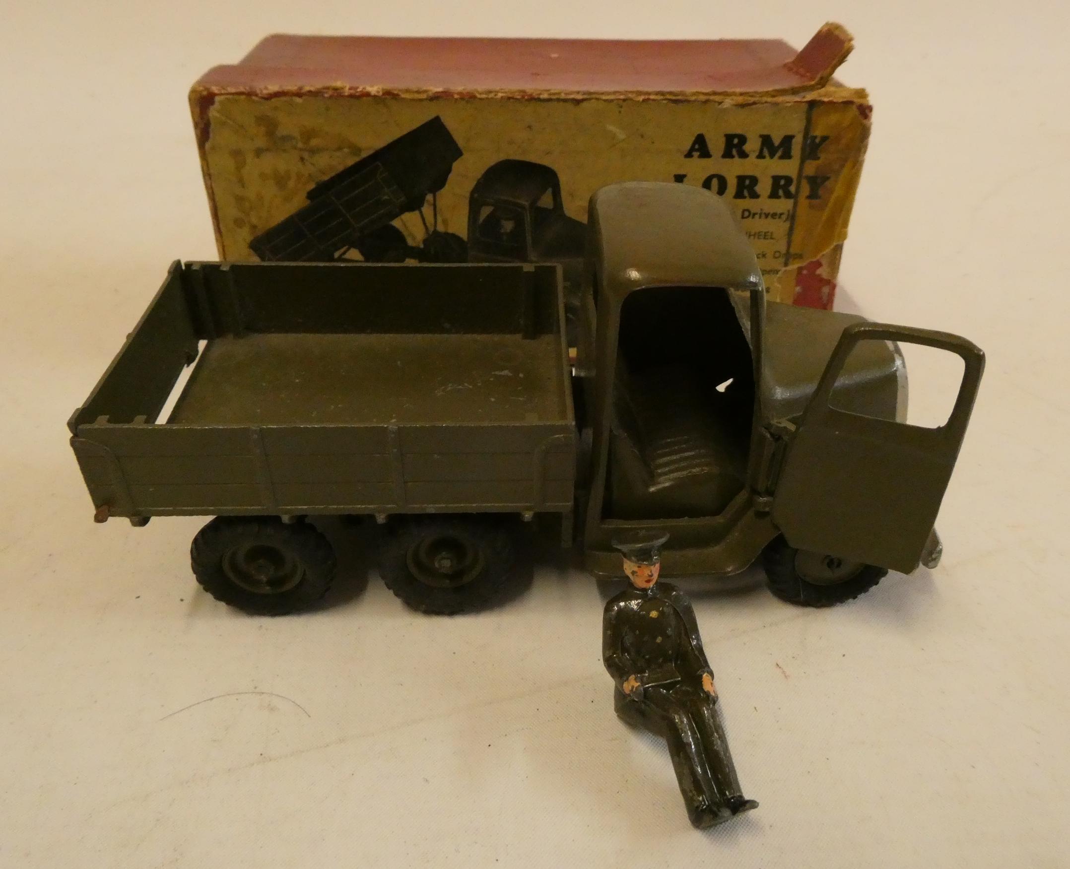 Britains Army Lorry with driver, box lid, one flap missing, model has slight bend in front axle, Image