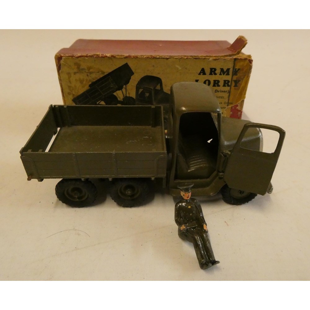 Britains Army Lorry with driver, box lid, one flap missing, model has slight bend in front axle, Image