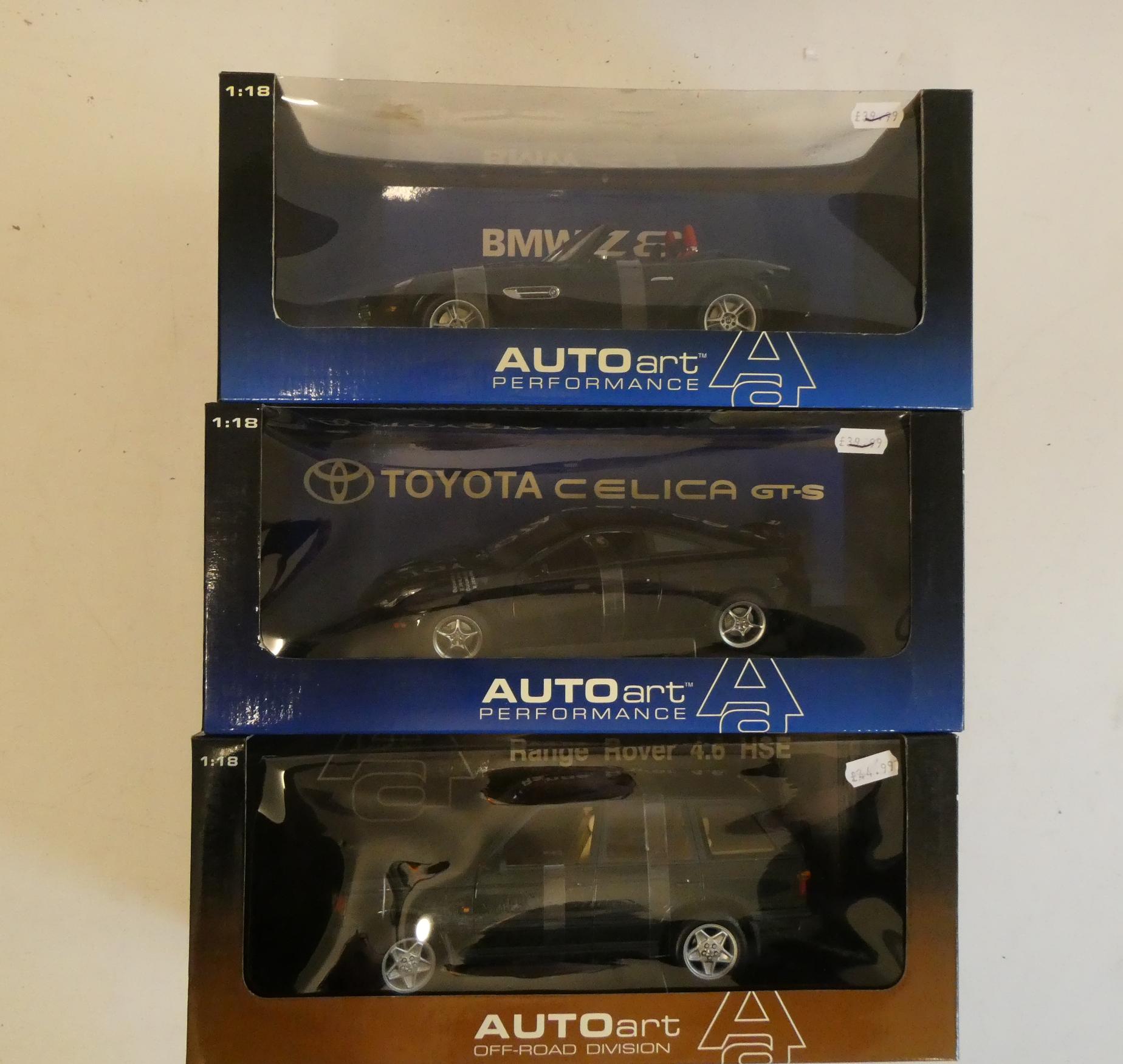 Auto Art 1/18th scale cars comprising Range Rover, Toyota, Celica and BMW Z8, all items boxed, mint Image
