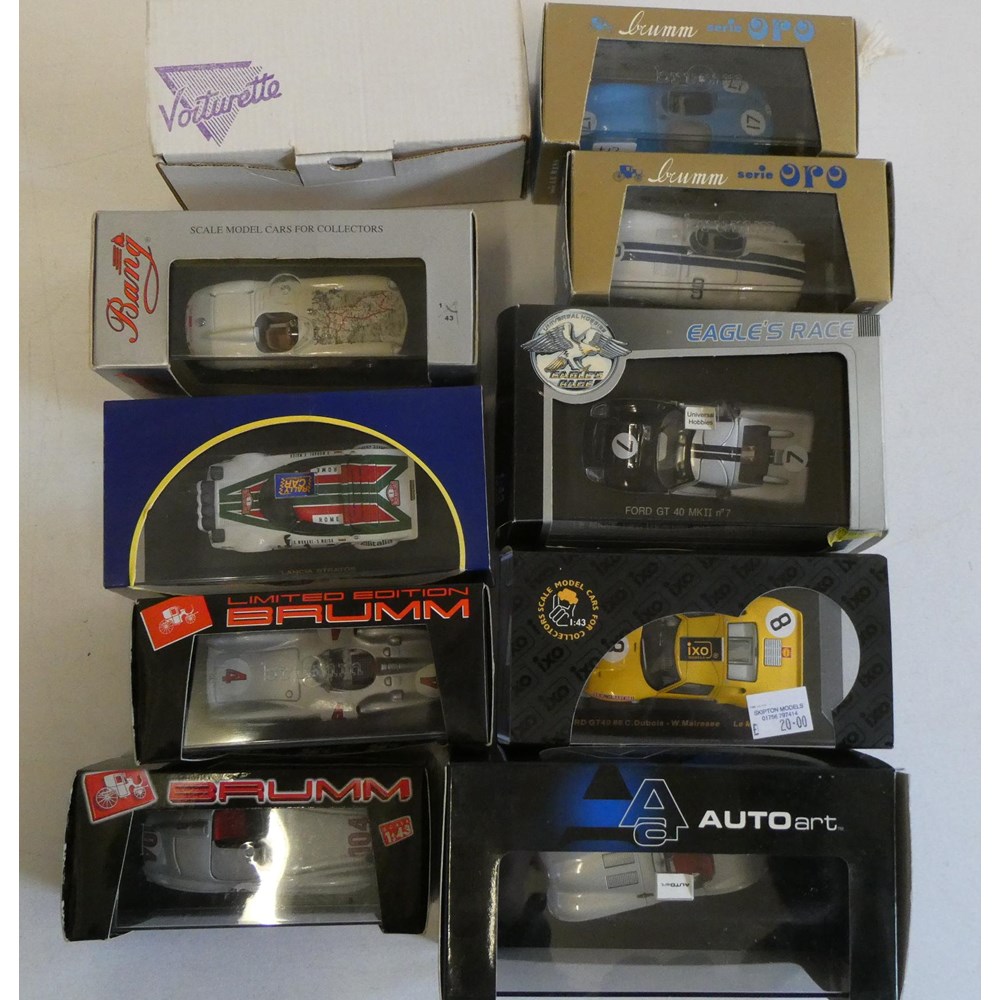 Ten 1/43nd scale model cars by various makers including Ferrari Miglia, Lancia Stratos and Ford Image