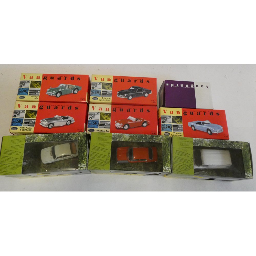 Nine Vanguard models 1/43rd scale including Austin-Healey Triumph TR3 and Ford Transit, all items Image