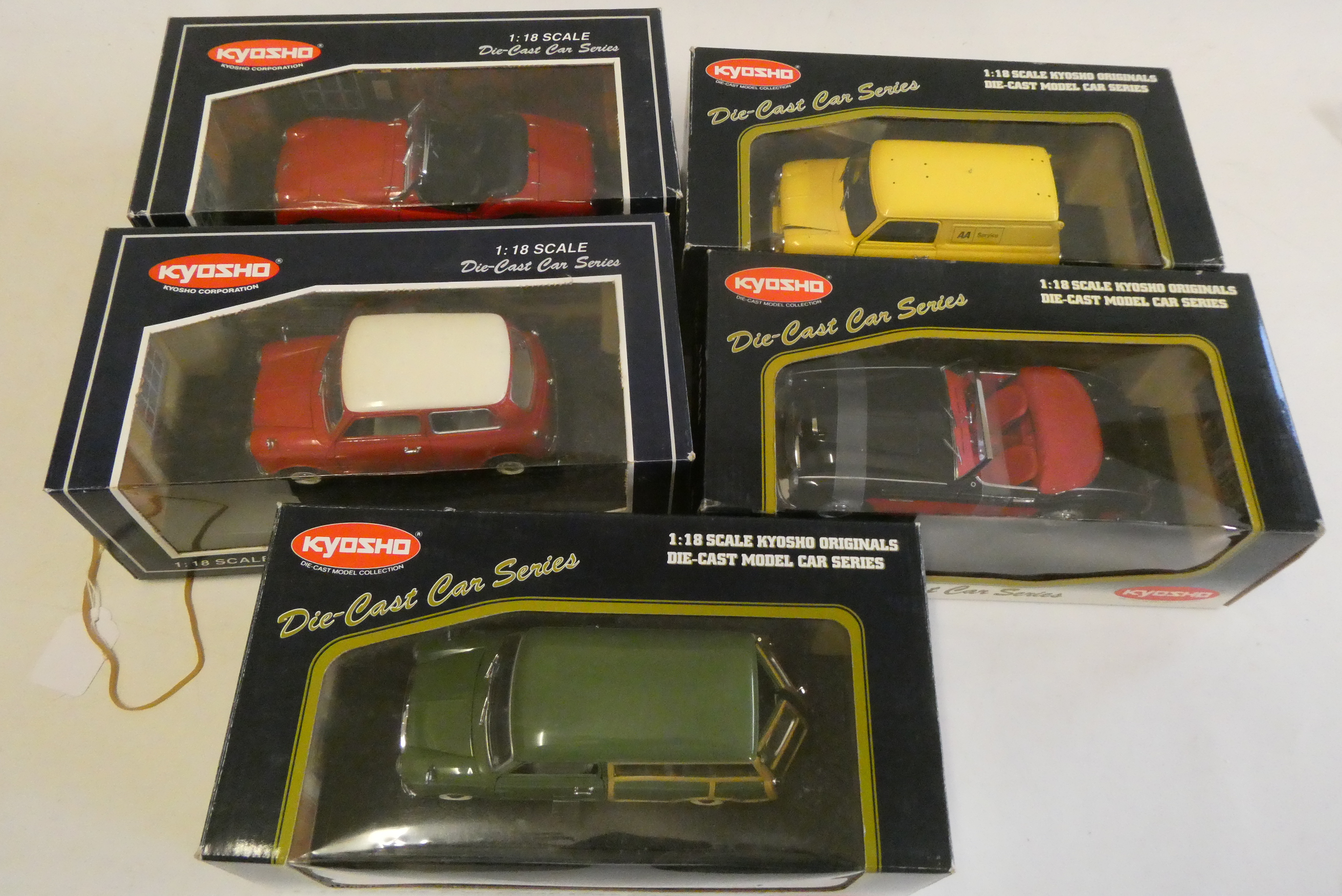 Five Kyosho 1/18th scale cars comprising AA Mini van, Triump TR3, Mini Cooper, Mini traveller and Image